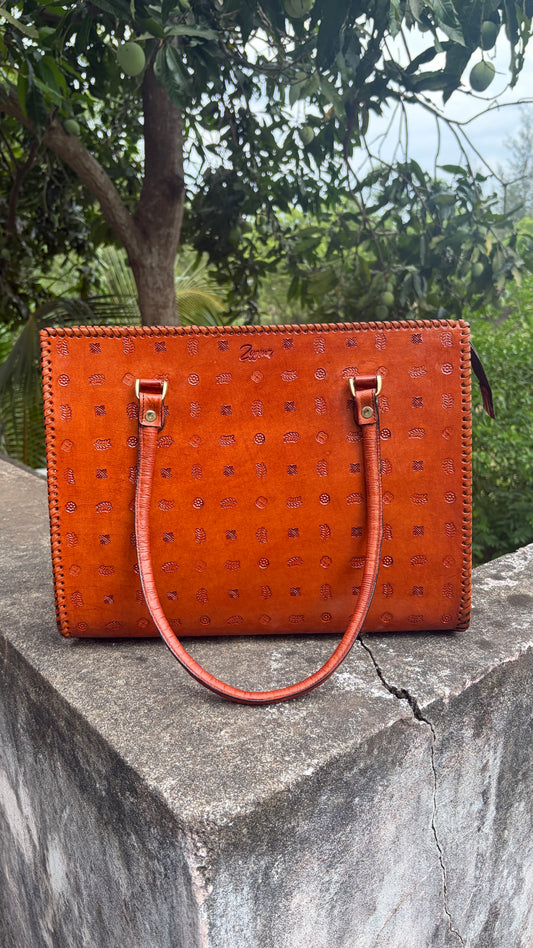 ZYGMA 14-Inch Handmade Genuine Leather Laptop Bag for Women | Tan Brown | Botanical Motif Hand-Stamped Design | Office Tote with Whipstitch Edge