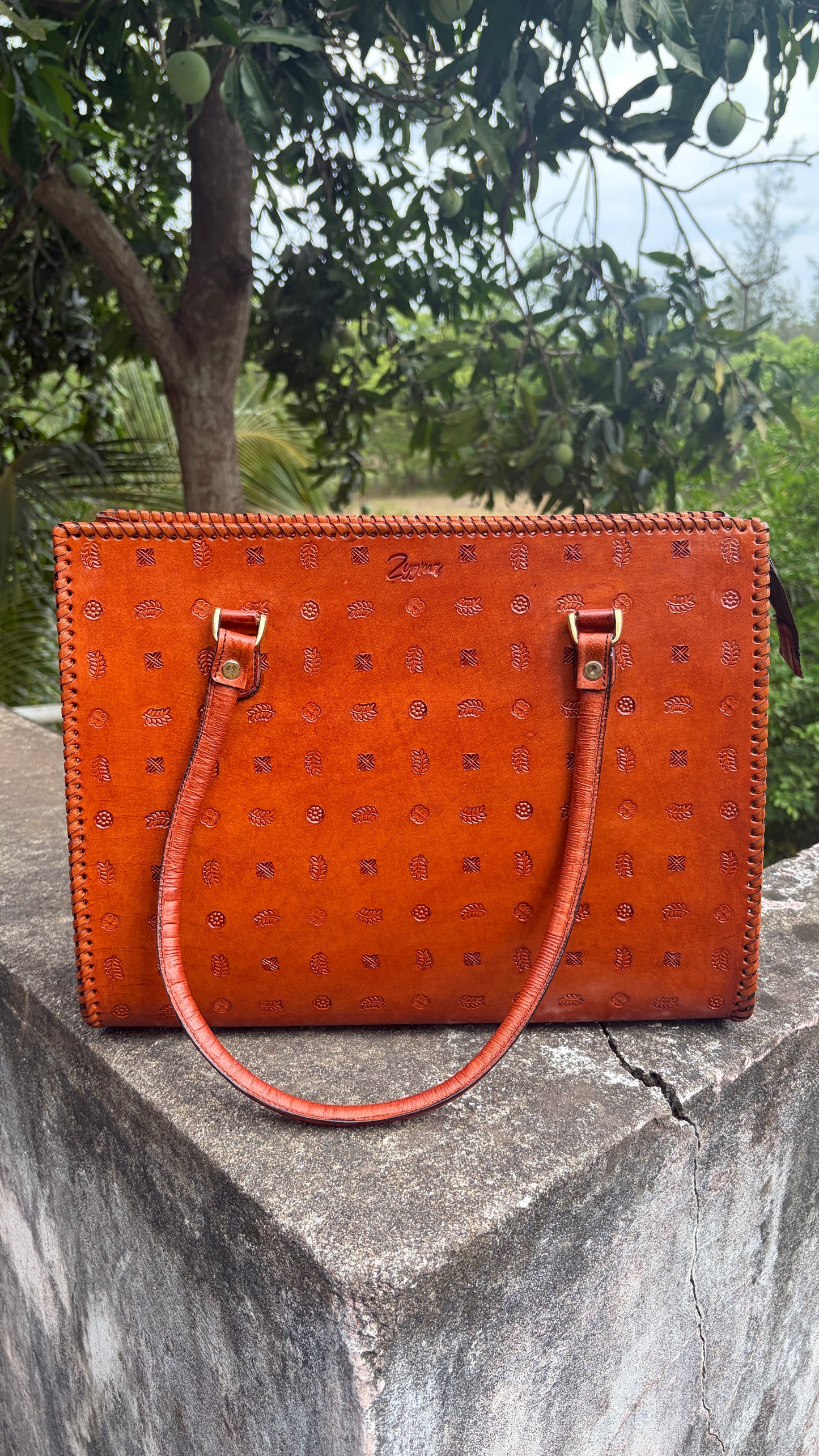 ZYGMA 14-Inch Handmade Genuine Leather Laptop Bag for Women | Tan Brown | Botanical Motif Hand-Stamped Design | Office Tote with Whipstitch Edge