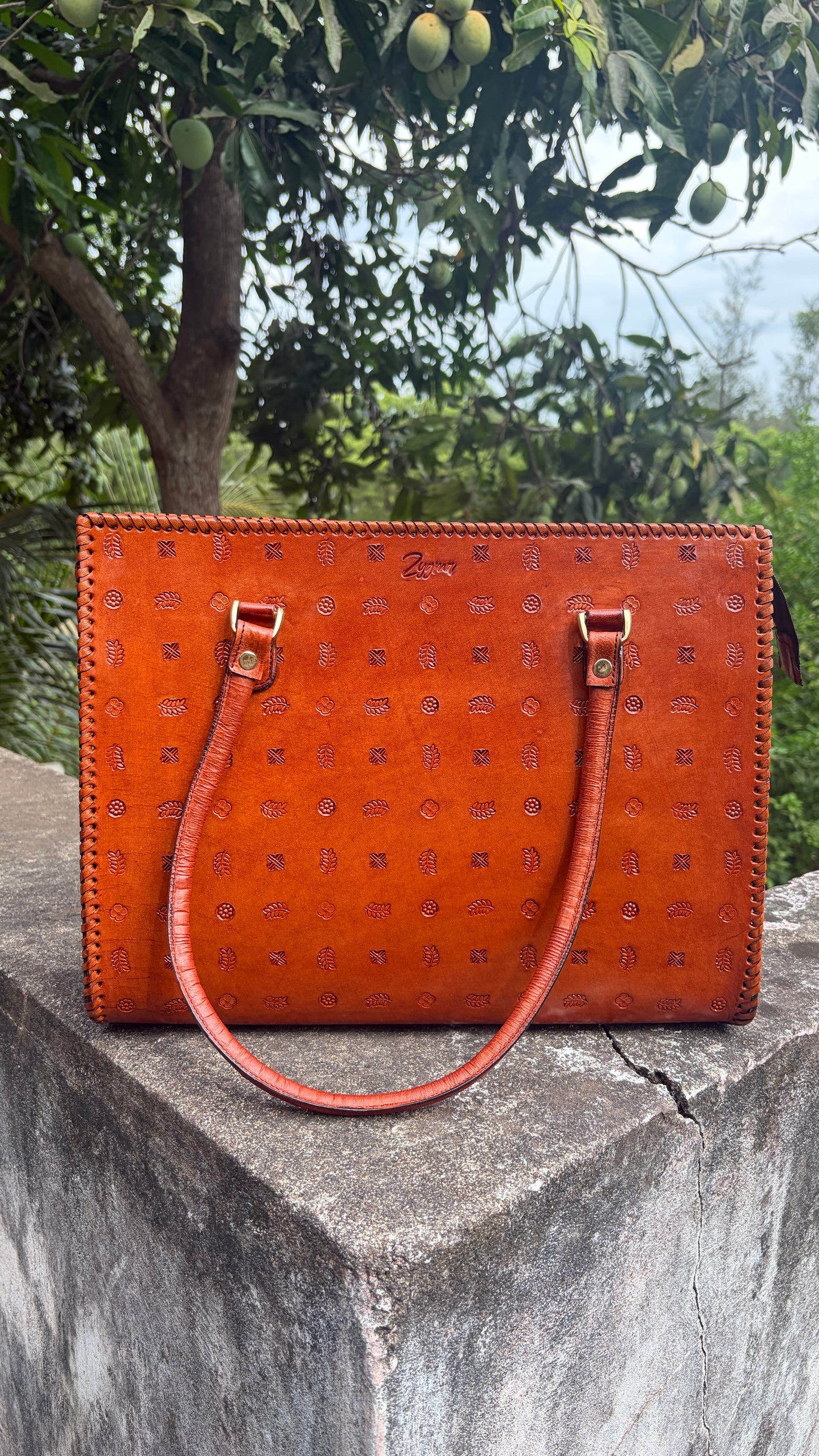 ZYGMA 14-Inch Handmade Genuine Leather Laptop Bag for Women | Tan Brown | Botanical Motif Hand-Stamped Design | Office Tote with Whipstitch Edge