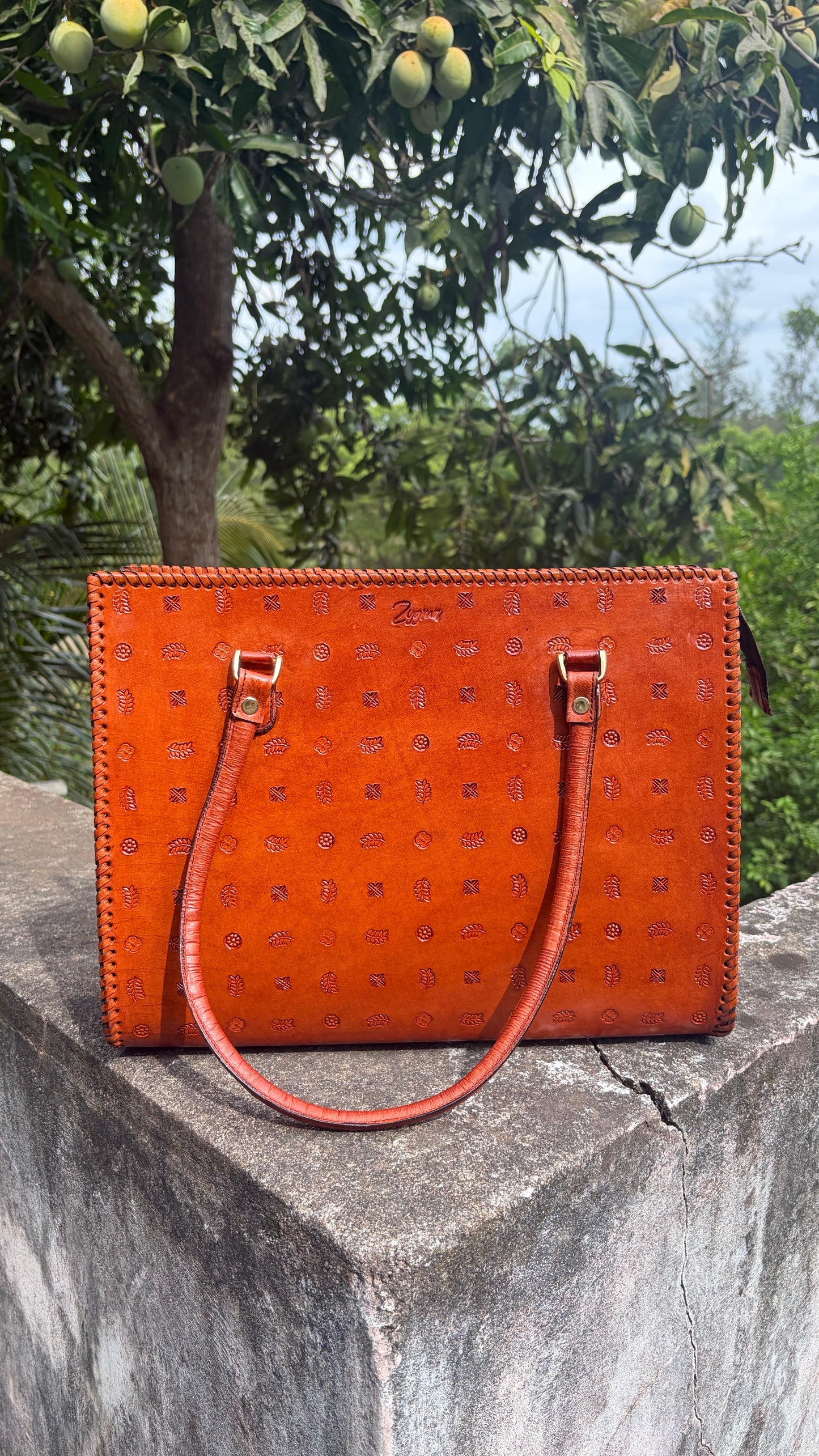 ZYGMA 14-Inch Handmade Genuine Leather Laptop Bag for Women | Tan Brown | Botanical Motif Hand-Stamped Design | Office Tote with Whipstitch Edge