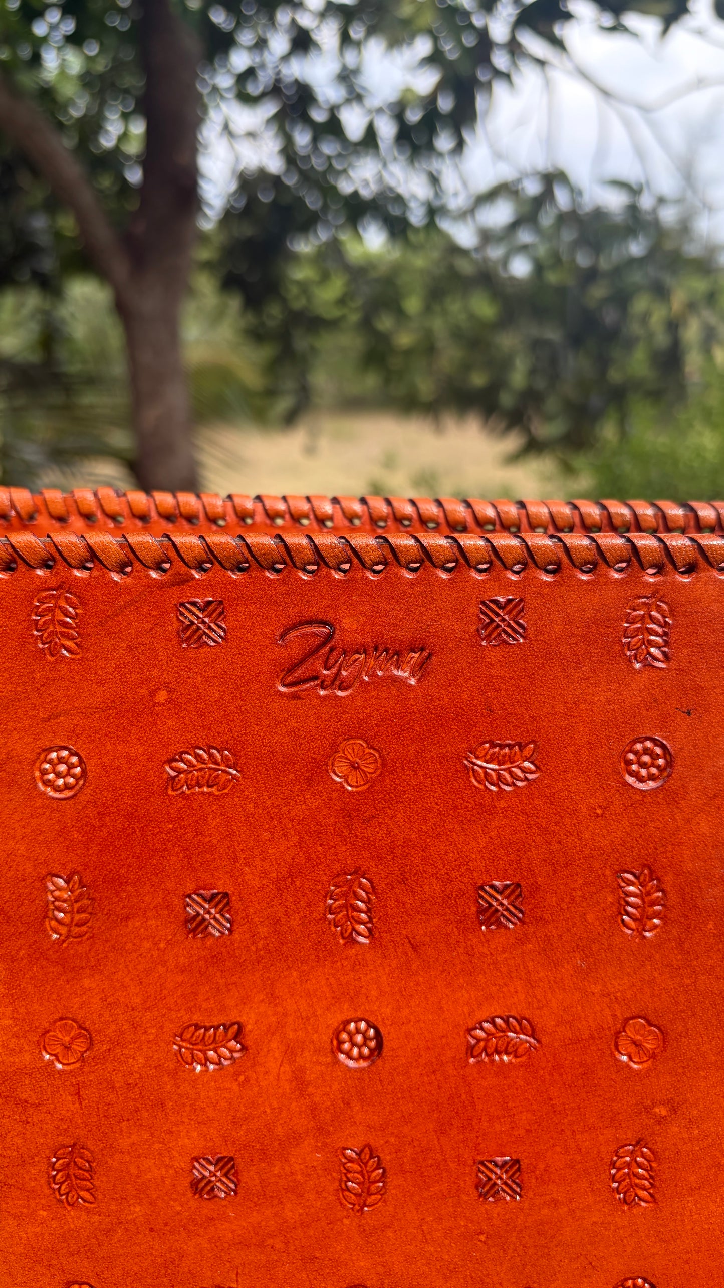 ZYGMA 14-Inch Handmade Genuine Leather Laptop Bag for Women | Tan Brown | Botanical Motif Hand-Stamped Design | Office Tote with Whipstitch Edge