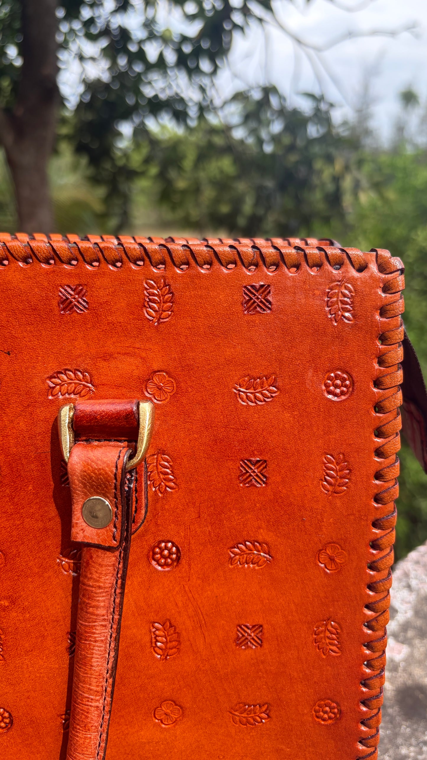 ZYGMA 14-Inch Handmade Genuine Leather Laptop Bag for Women | Tan Brown | Botanical Motif Hand-Stamped Design | Office Tote with Whipstitch Edge