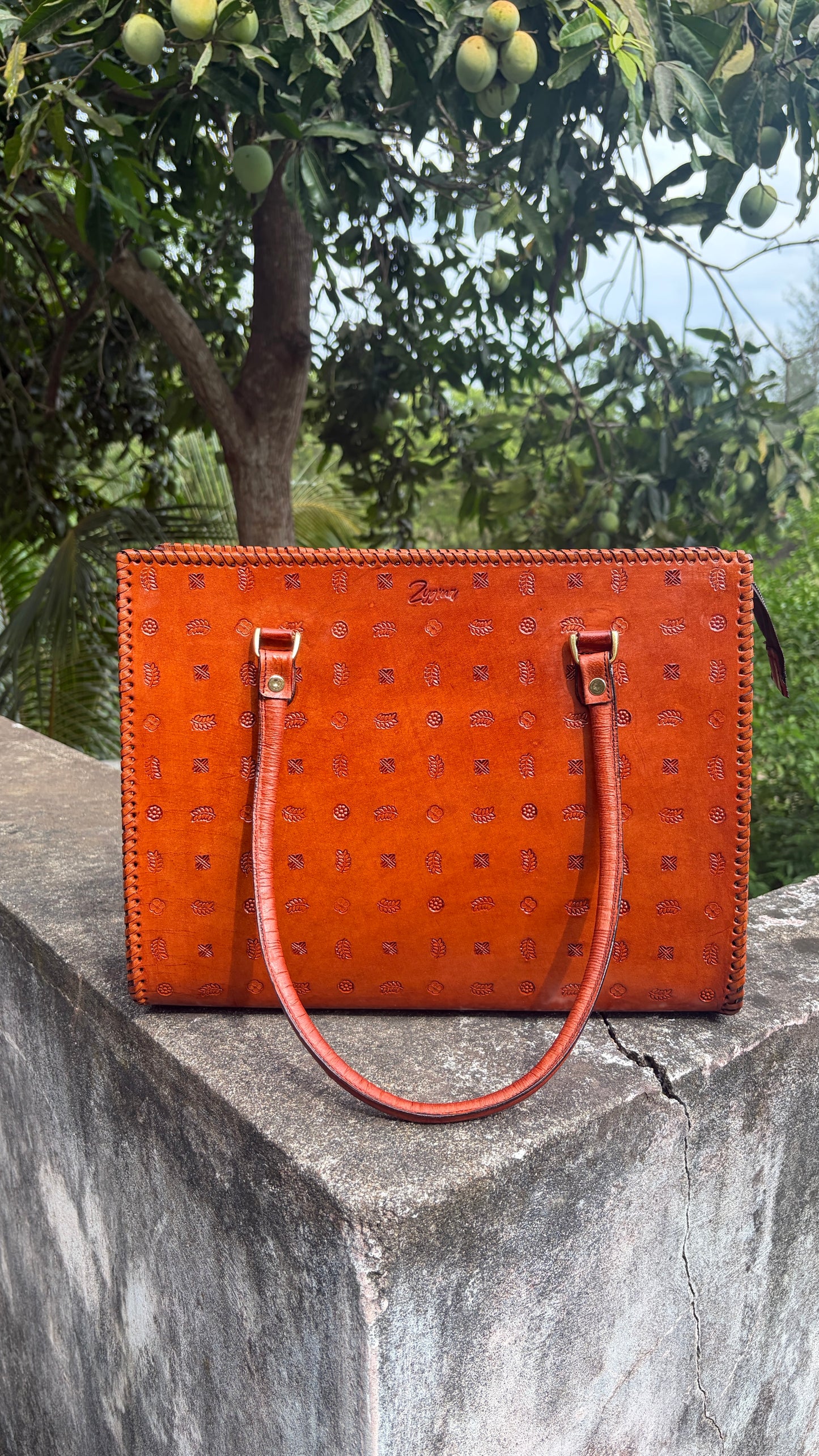 ZYGMA 14-Inch Handmade Genuine Leather Laptop Bag for Women | Tan Brown | Botanical Motif Hand-Stamped Design | Office Tote with Whipstitch Edge