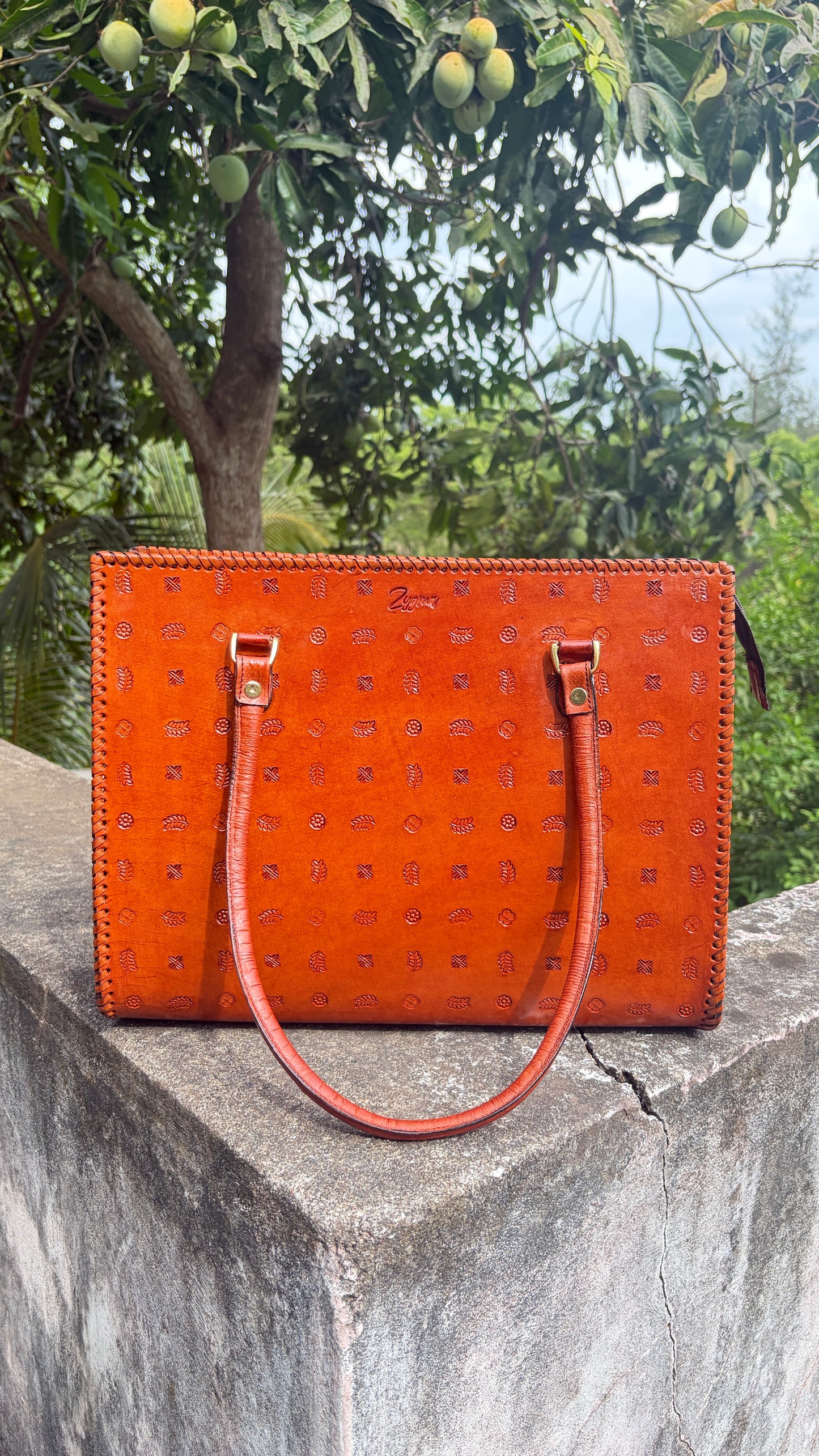 ZYGMA 14-Inch Handmade Genuine Leather Laptop Bag for Women | Tan Brown | Botanical Motif Hand-Stamped Design | Office Tote with Whipstitch Edge
