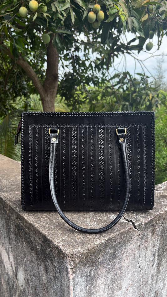 ZYGMA 14-Inch Handmade Genuine Leather Laptop Bag for Women | Black | Office Tote with Whipstitch Edge