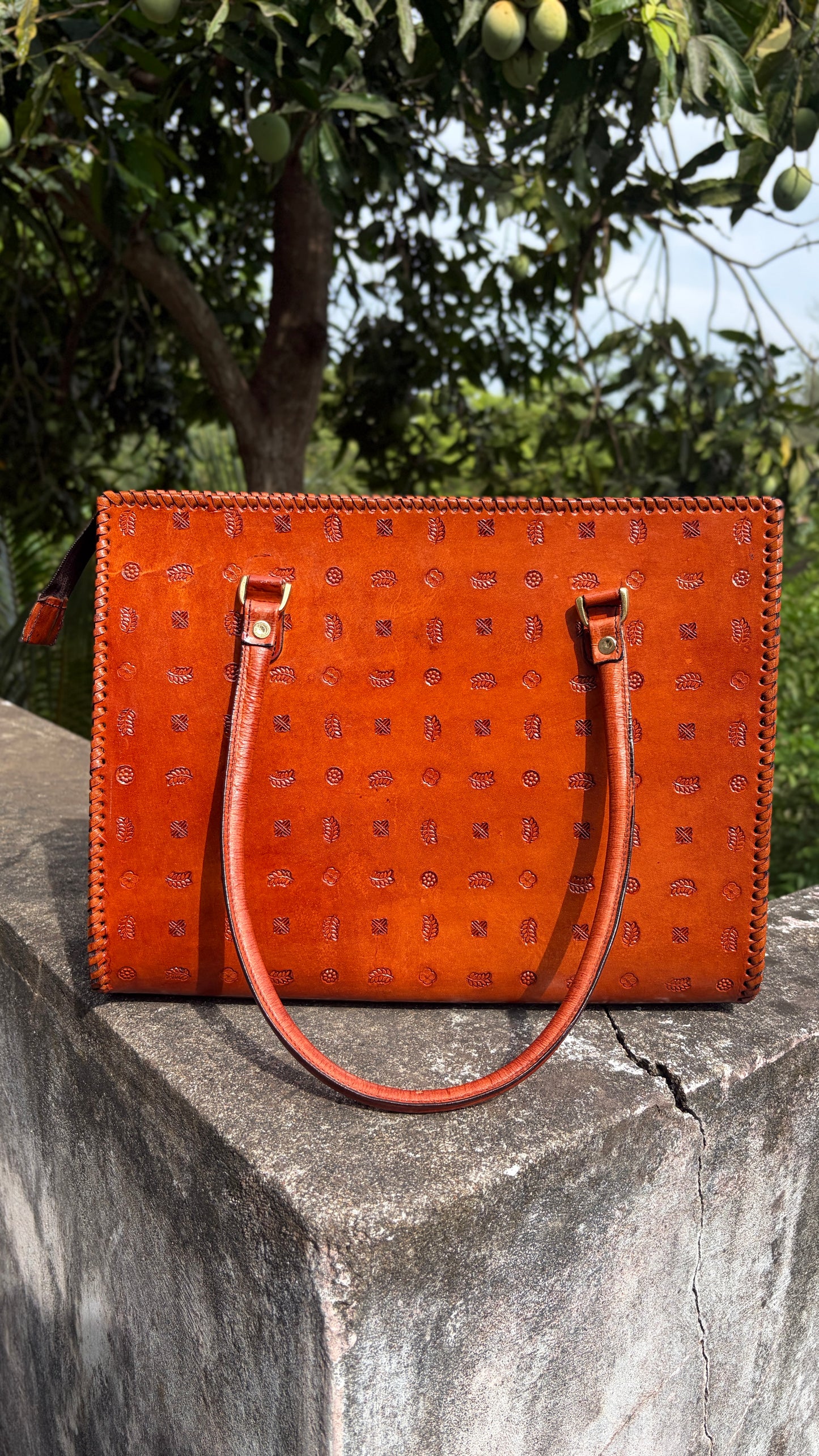 ZYGMA 14-Inch Handmade Genuine Leather Laptop Bag for Women | Tan Brown | Botanical Motif Hand-Stamped Design | Office Tote with Whipstitch Edge