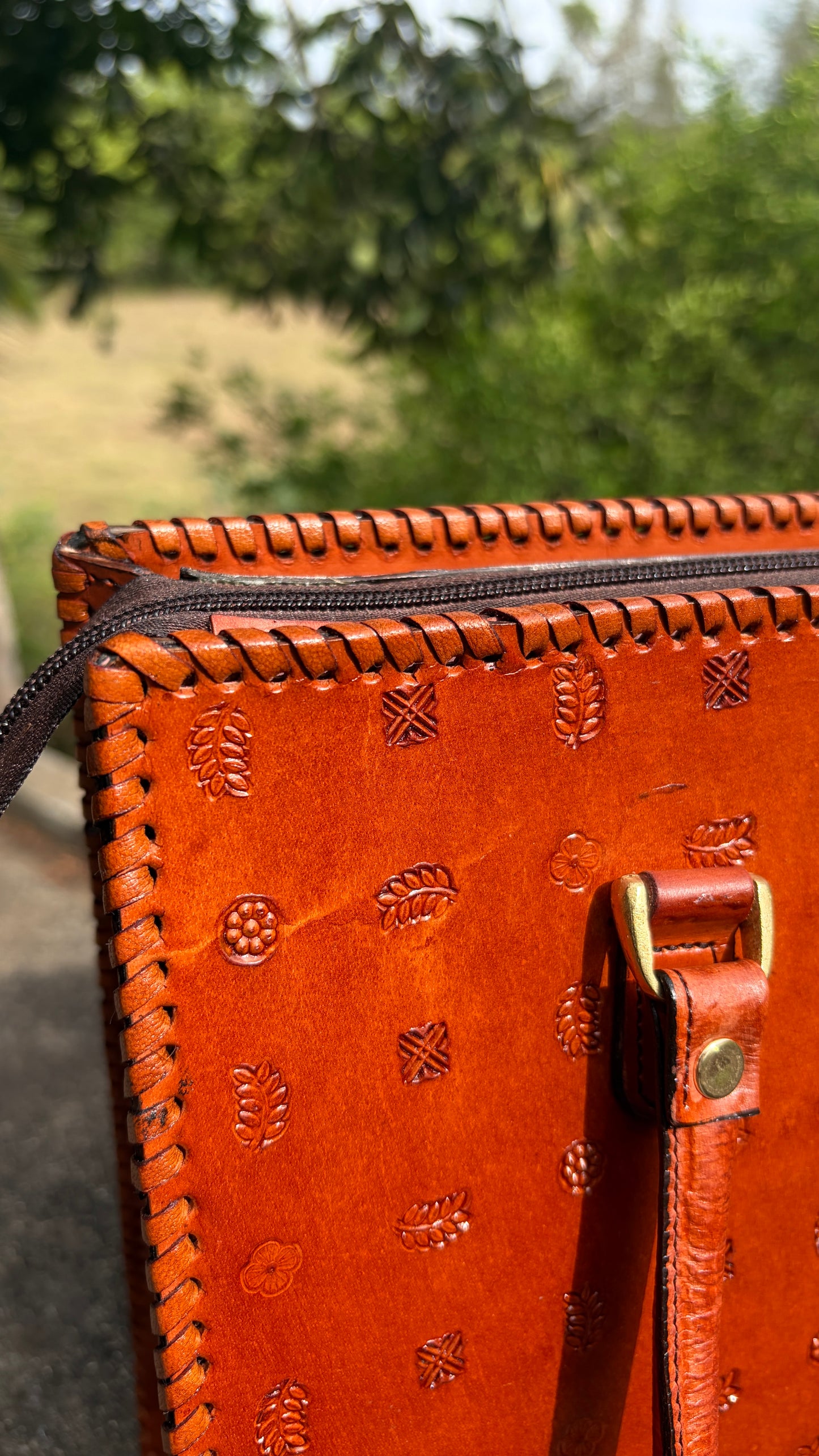 ZYGMA 14-Inch Handmade Genuine Leather Laptop Bag for Women | Tan Brown | Botanical Motif Hand-Stamped Design | Office Tote with Whipstitch Edge