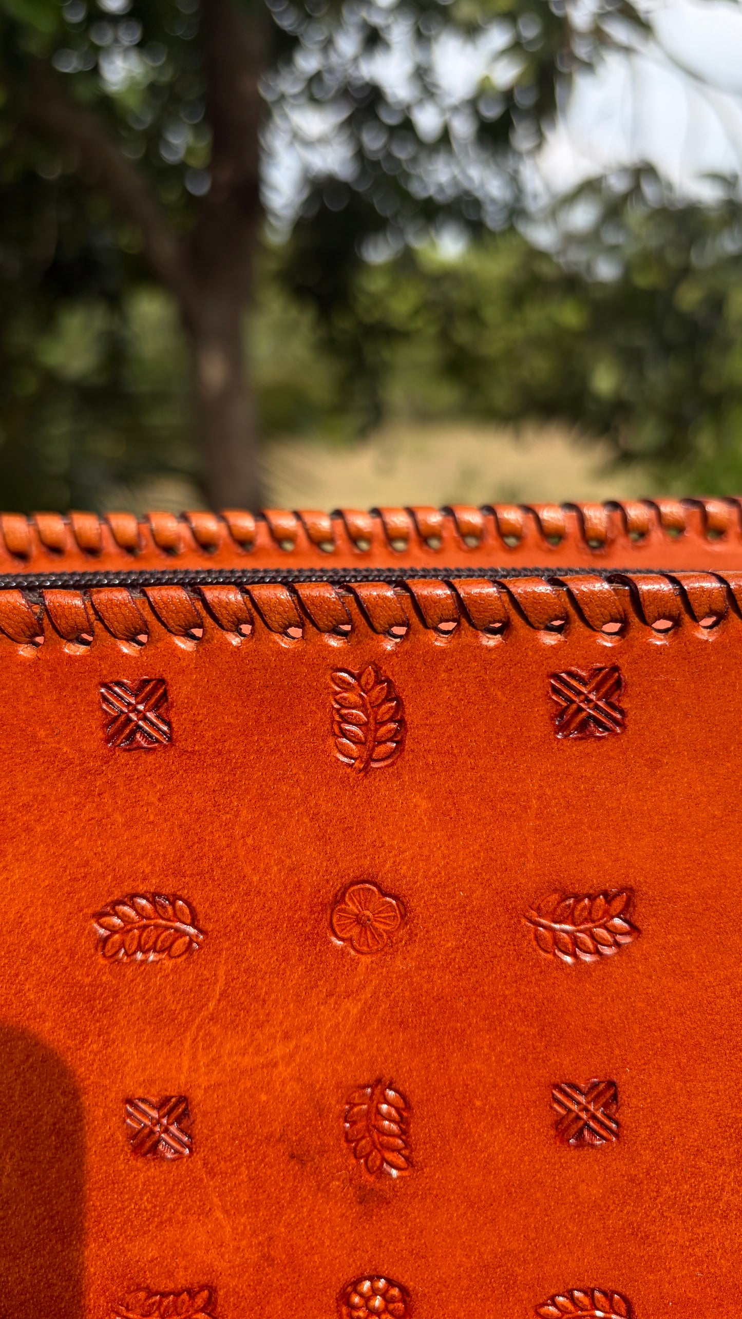 ZYGMA 14-Inch Handmade Genuine Leather Laptop Bag for Women | Tan Brown | Botanical Motif Hand-Stamped Design | Office Tote with Whipstitch Edge