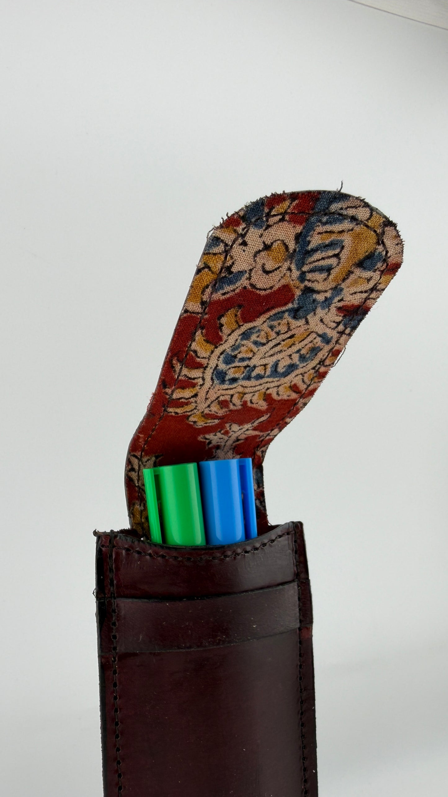 ZYGMA Handmade Genuine Leather Pen Holder | Pencil Pouch with Fabric Lining | Tan Brown & Burgundy | Desk & Bag Accessory