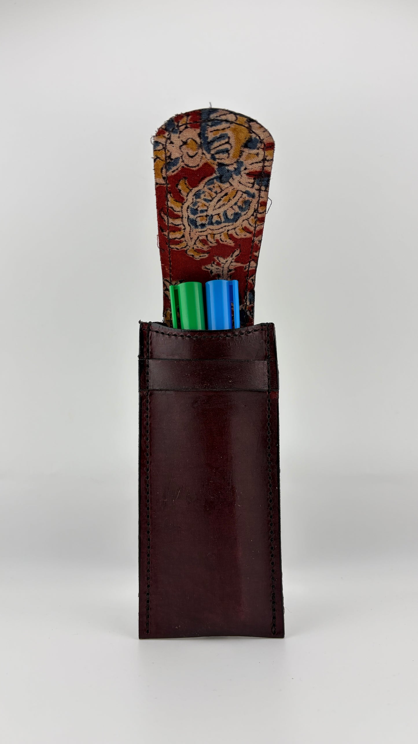 ZYGMA Handmade Genuine Leather Pen Holder | Pencil Pouch with Fabric Lining | Tan Brown & Burgundy | Desk & Bag Accessory