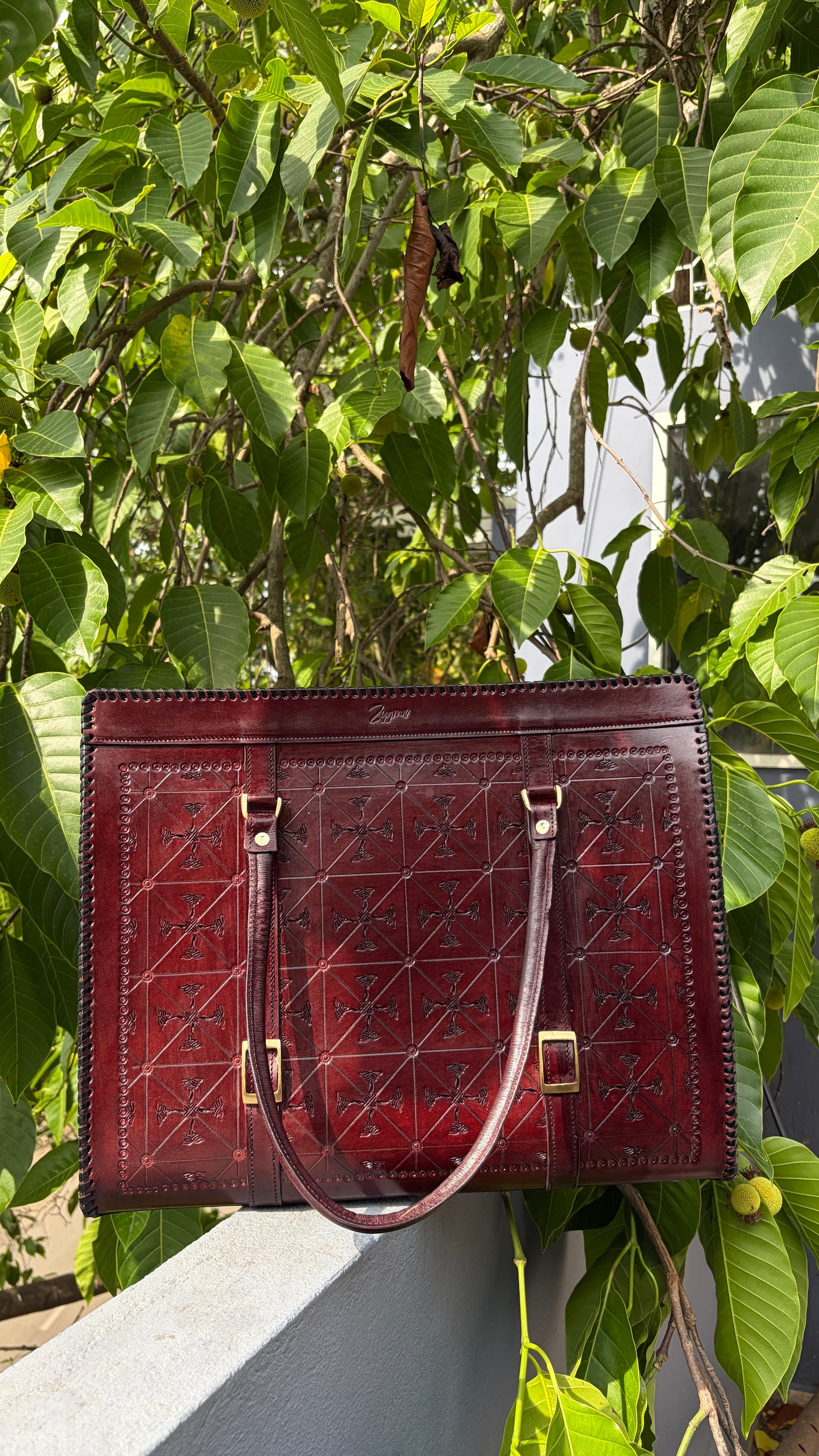 ZYGMA Handmade Genuine Leather Oversized Tote Bag for Women | Deep Burgundy | Cross Diamond Hand-Tooled | Punched Whipstitch Border | Large Capacity