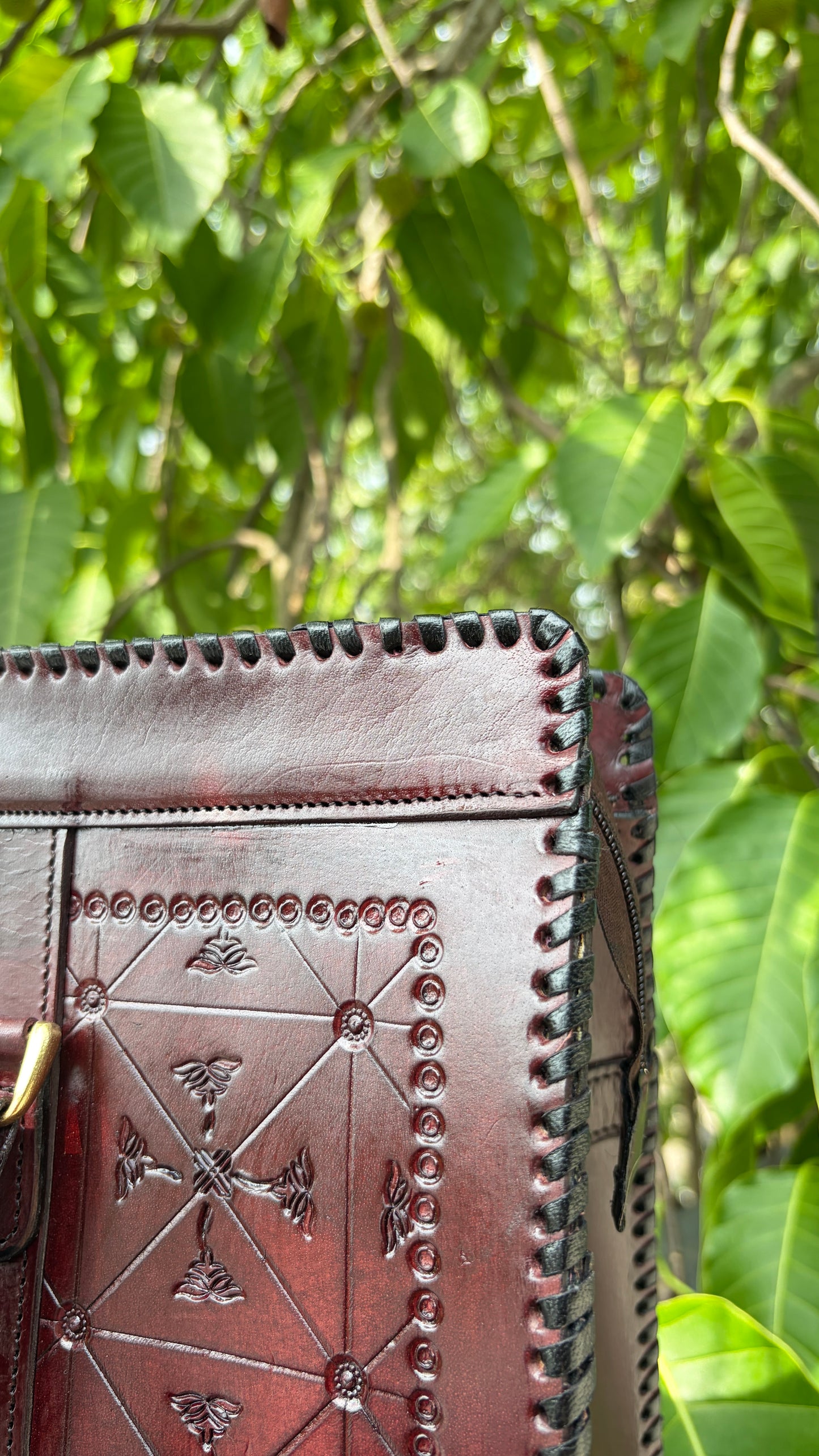 ZYGMA Handmade Genuine Leather Oversized Tote Bag for Women | Deep Burgundy | Cross Diamond Hand-Tooled | Punched Whipstitch Border | Large Capacity