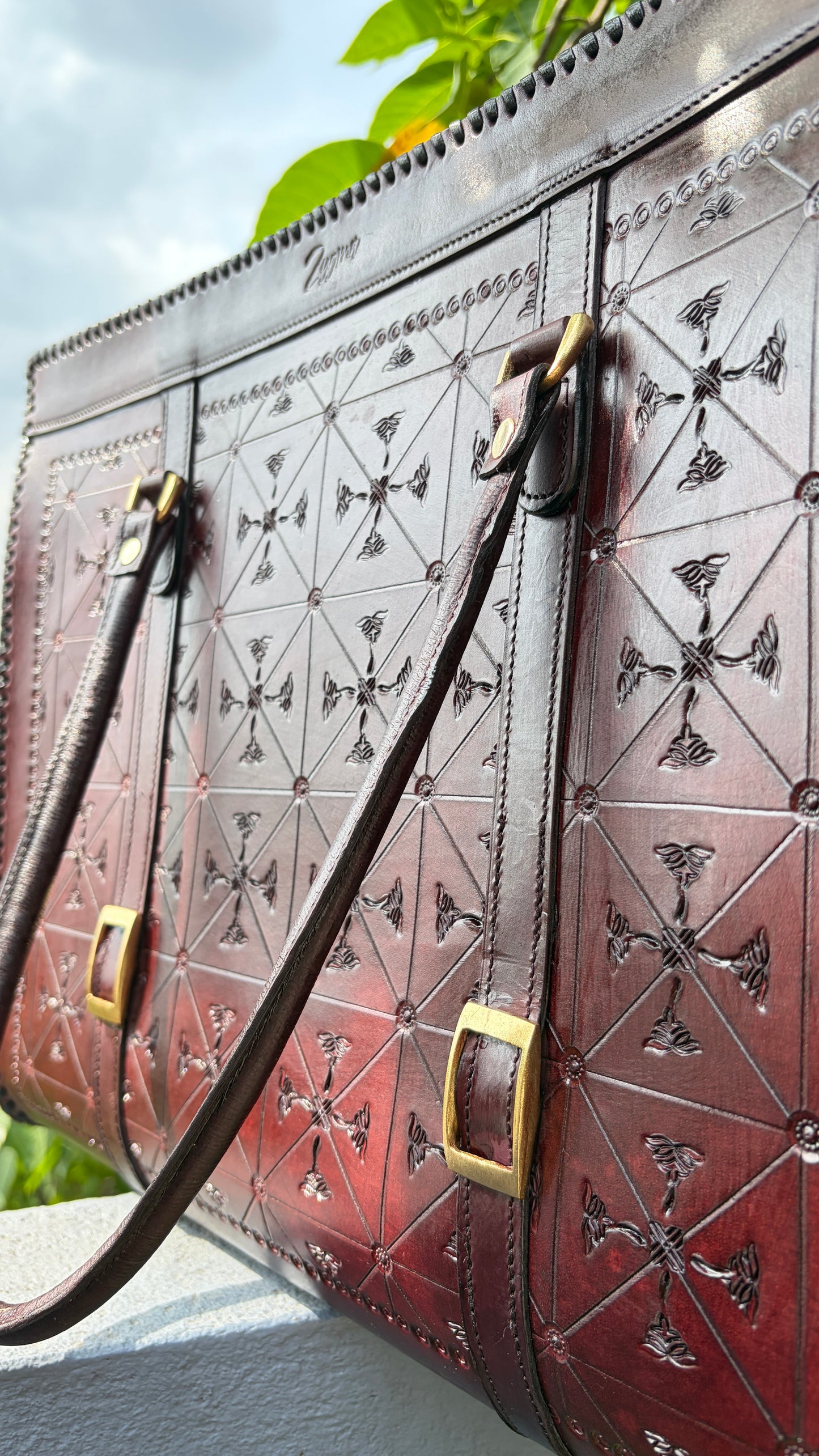 ZYGMA Handmade Genuine Leather Oversized Tote Bag for Women | Deep Burgundy | Cross Diamond Hand-Tooled | Punched Whipstitch Border | Large Capacity