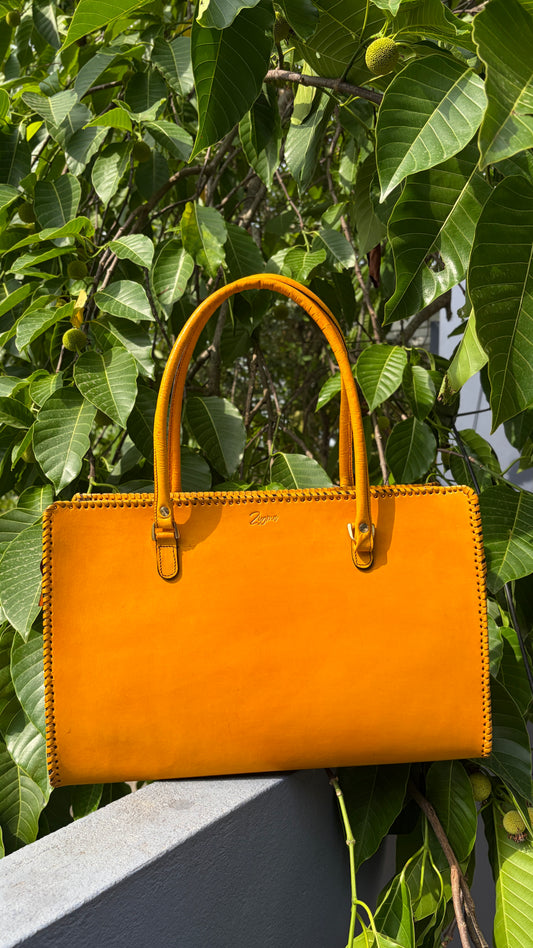 ZYGMA Handmade Genuine Leather Laptop Tote Bag for Women | Mustard Yellow | Clean Minimal Design | Whipstitch Edge | Office & College Bag