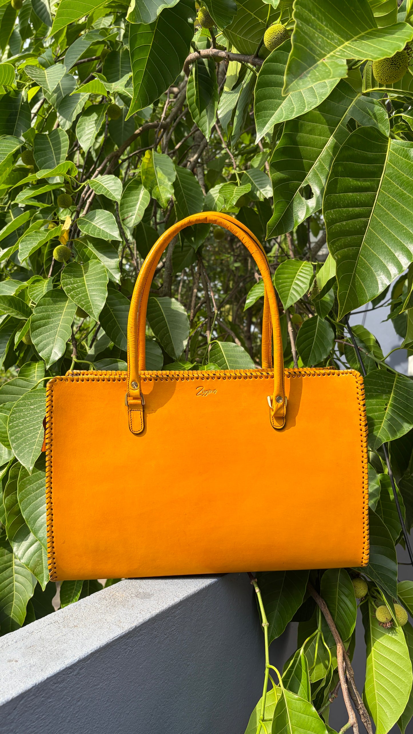 ZYGMA Handmade Genuine Leather Laptop Tote Bag for Women | Mustard Yellow | Clean Minimal Design | Whipstitch Edge | Office & College Bag