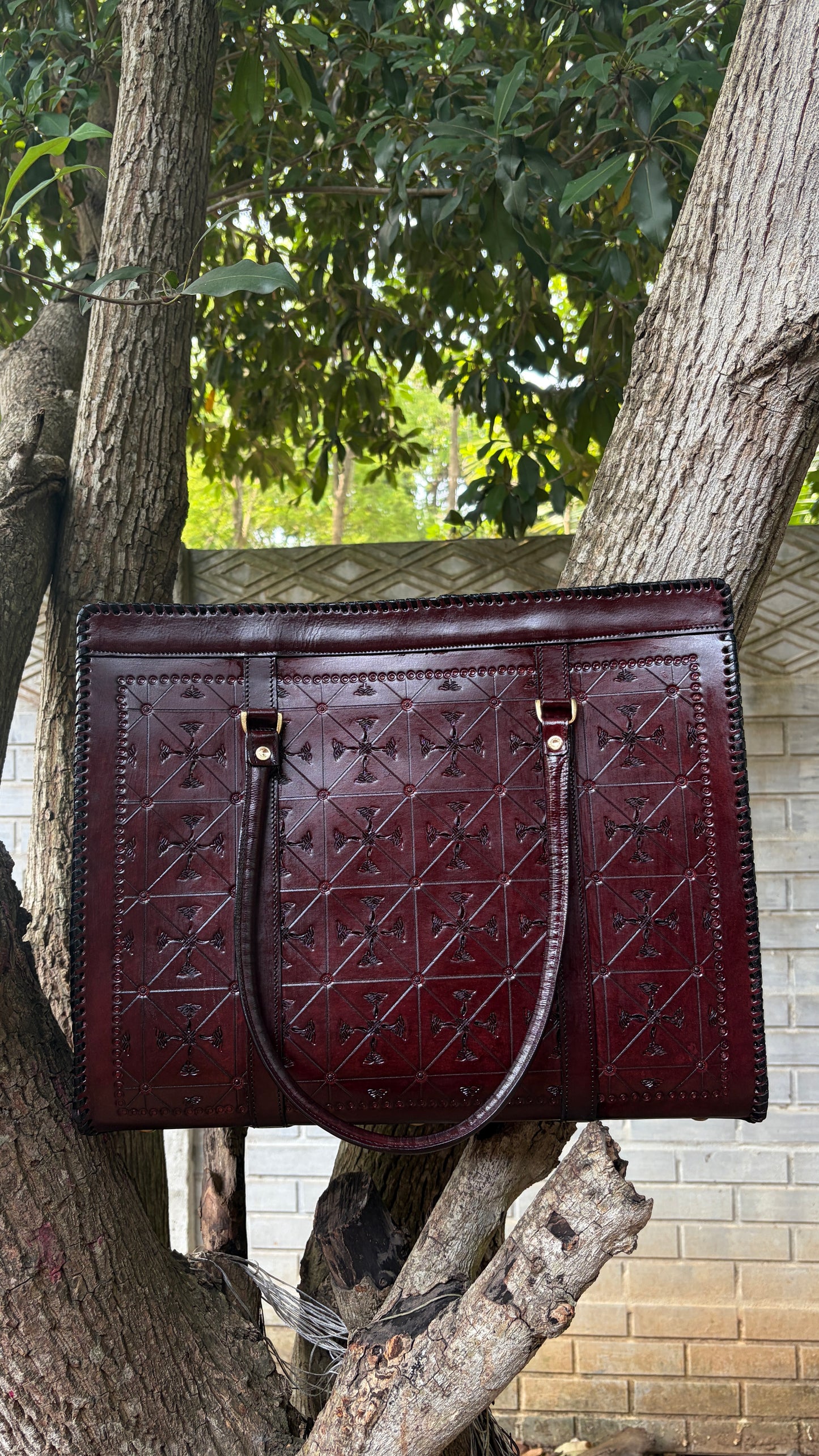 ZYGMA Handmade Genuine Leather Oversized Tote Bag for Women | Deep Burgundy | Cross Diamond Hand-Tooled | Punched Whipstitch Border | Large Capacity
