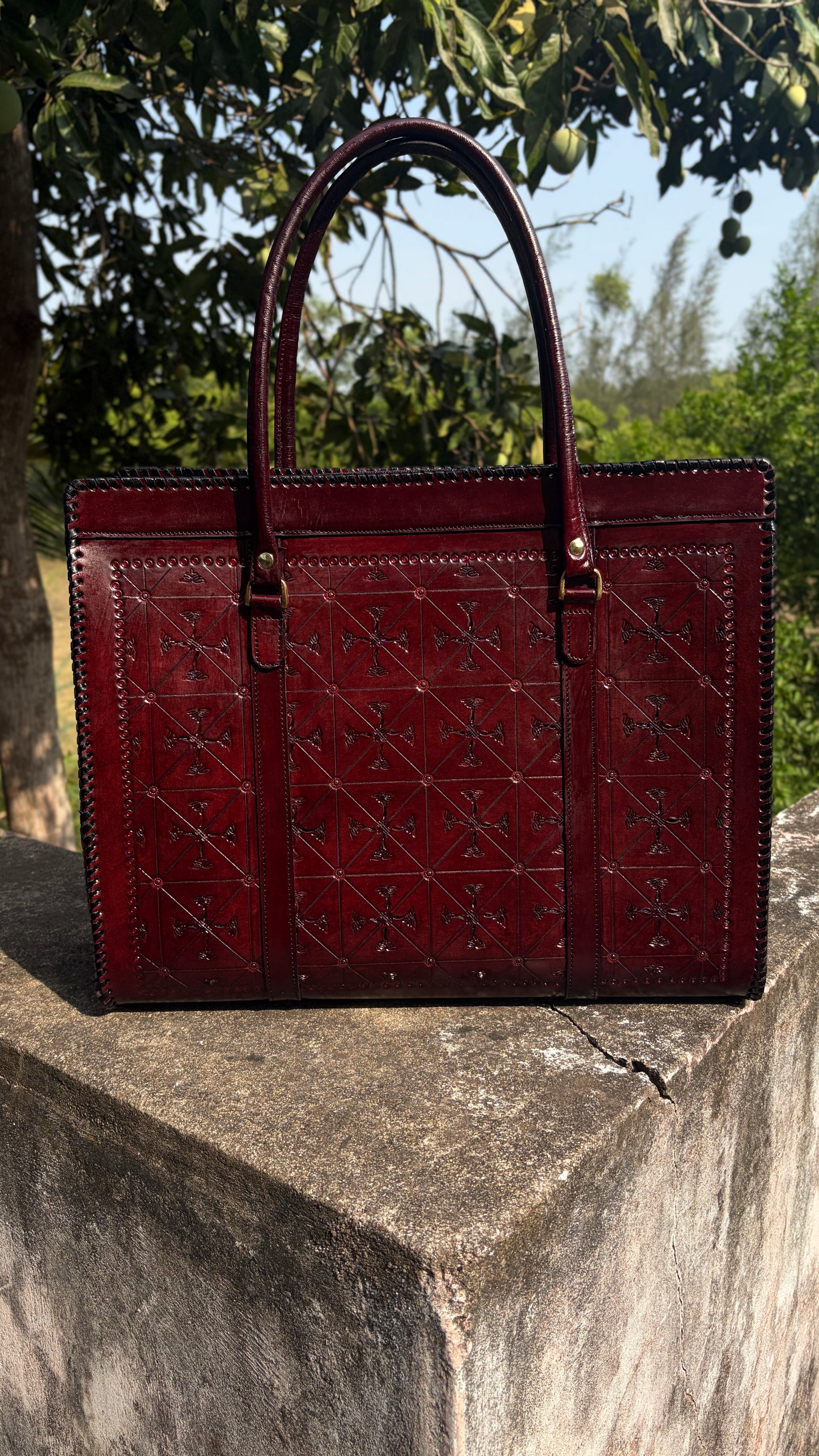 ZYGMA Handmade Genuine Leather Oversized Tote Bag for Women | Deep Burgundy | Cross Diamond Hand-Tooled | Punched Whipstitch Border | Large Capacity