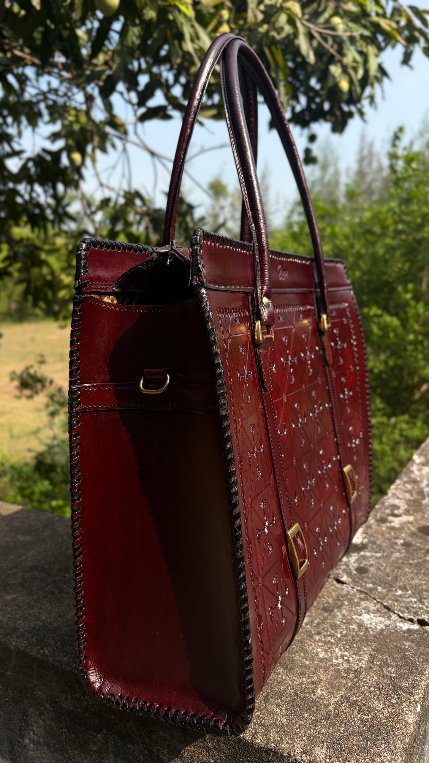 ZYGMA Handmade Genuine Leather Oversized Tote Bag for Women | Deep Burgundy | Cross Diamond Hand-Tooled | Punched Whipstitch Border | Large Capacity