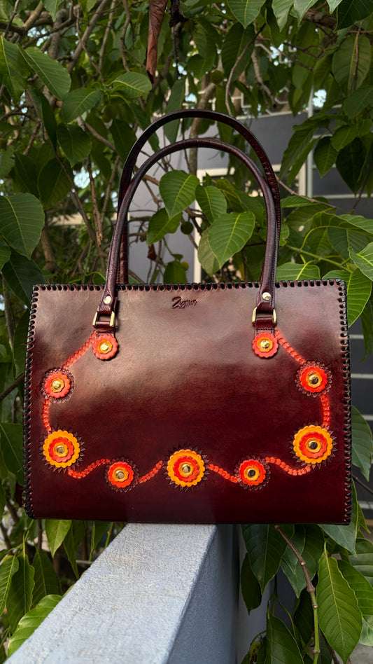 ZYGMA 14-Inch Handmade Genuine Leather Laptop Tote Bag | Deep Burgundy | 3D Hand-Applied Leather Flower Appliqué | Orange & Yellow Florals | Gold Stud Detail