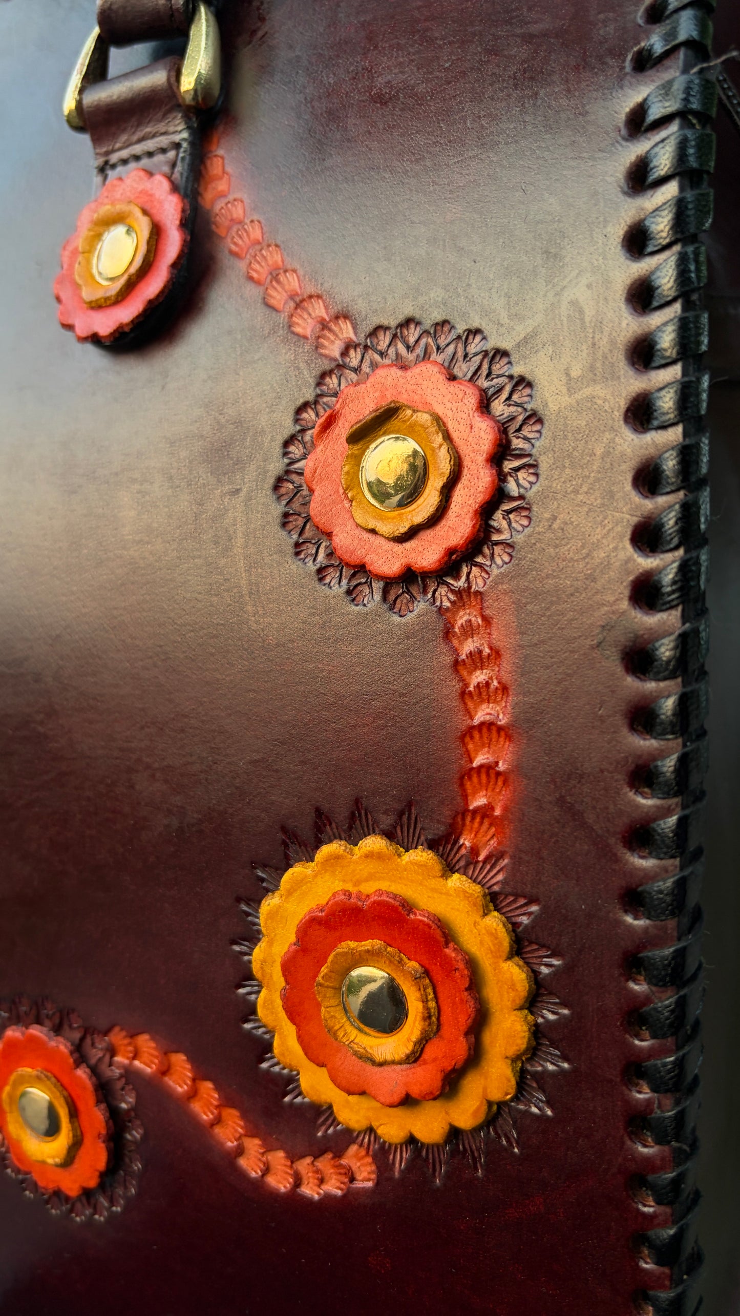 ZYGMA 14-Inch Handmade Genuine Leather Laptop Tote Bag | Deep Burgundy | 3D Hand-Applied Leather Flower Appliqué | Orange & Yellow Florals | Gold Stud Detail