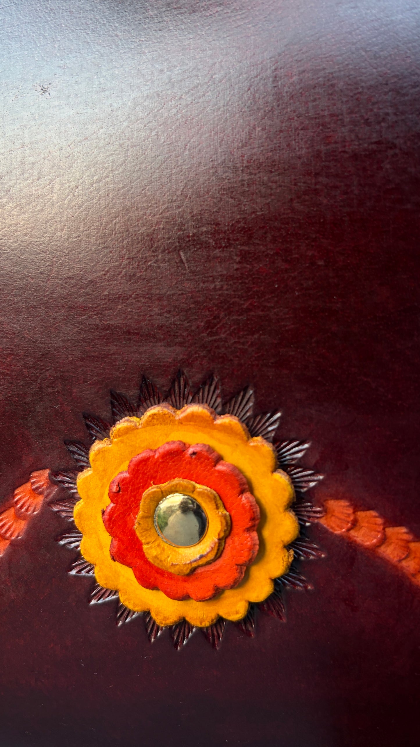 ZYGMA 14-Inch Handmade Genuine Leather Laptop Tote Bag | Deep Burgundy | 3D Hand-Applied Leather Flower Appliqué | Orange & Yellow Florals | Gold Stud Detail