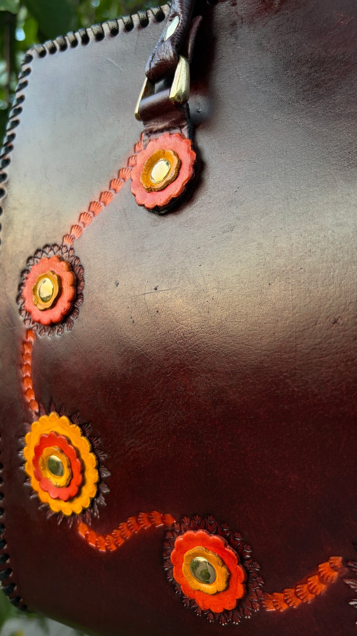 ZYGMA 14-Inch Handmade Genuine Leather Laptop Tote Bag | Deep Burgundy | 3D Hand-Applied Leather Flower Appliqué | Orange & Yellow Florals | Gold Stud Detail