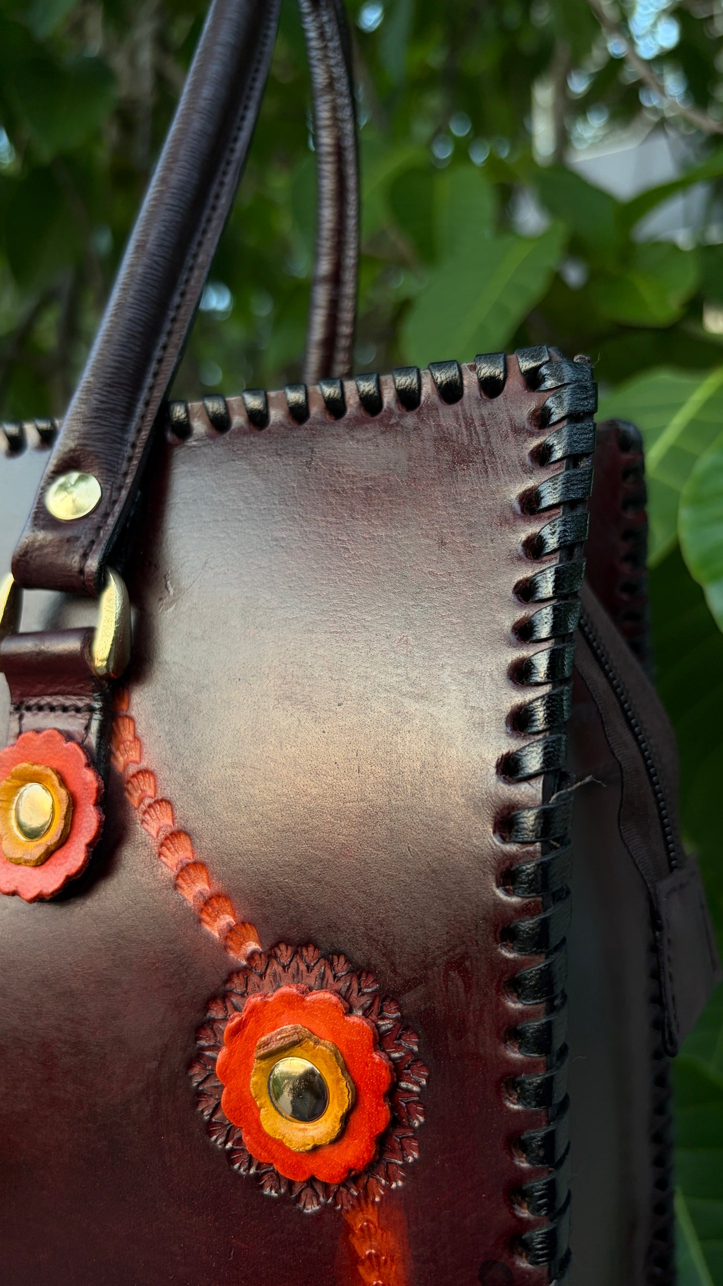 ZYGMA 14-Inch Handmade Genuine Leather Laptop Tote Bag | Deep Burgundy | 3D Hand-Applied Leather Flower Appliqué | Orange & Yellow Florals | Gold Stud Detail