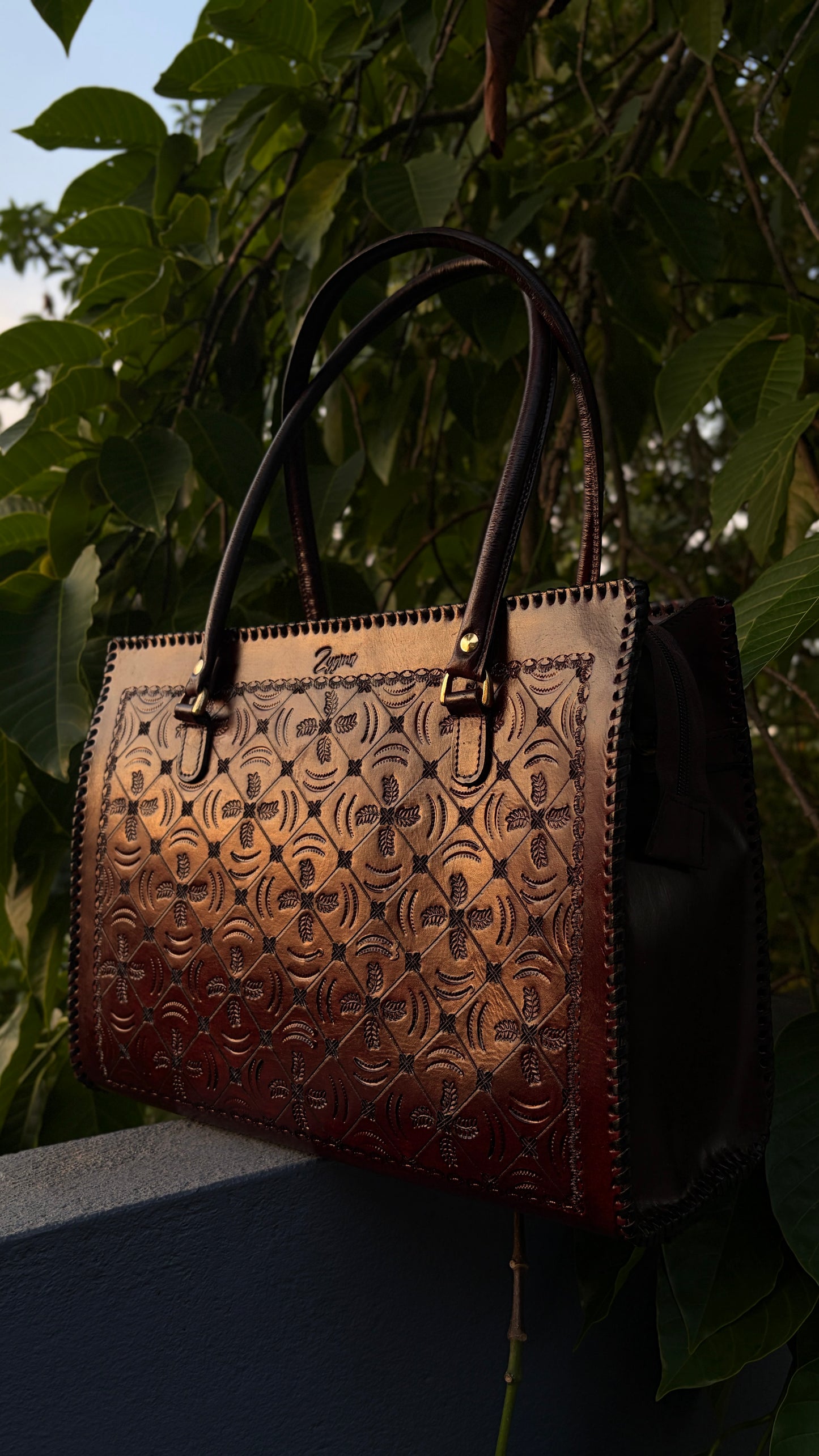 ZYGMA 14-Inch Handmade Genuine Leather Laptop Bag for Women | Deep Burgundy Ombre | Crescent Moon & Feather Diamond Lattice | Hand-Tooled Artisan Tote