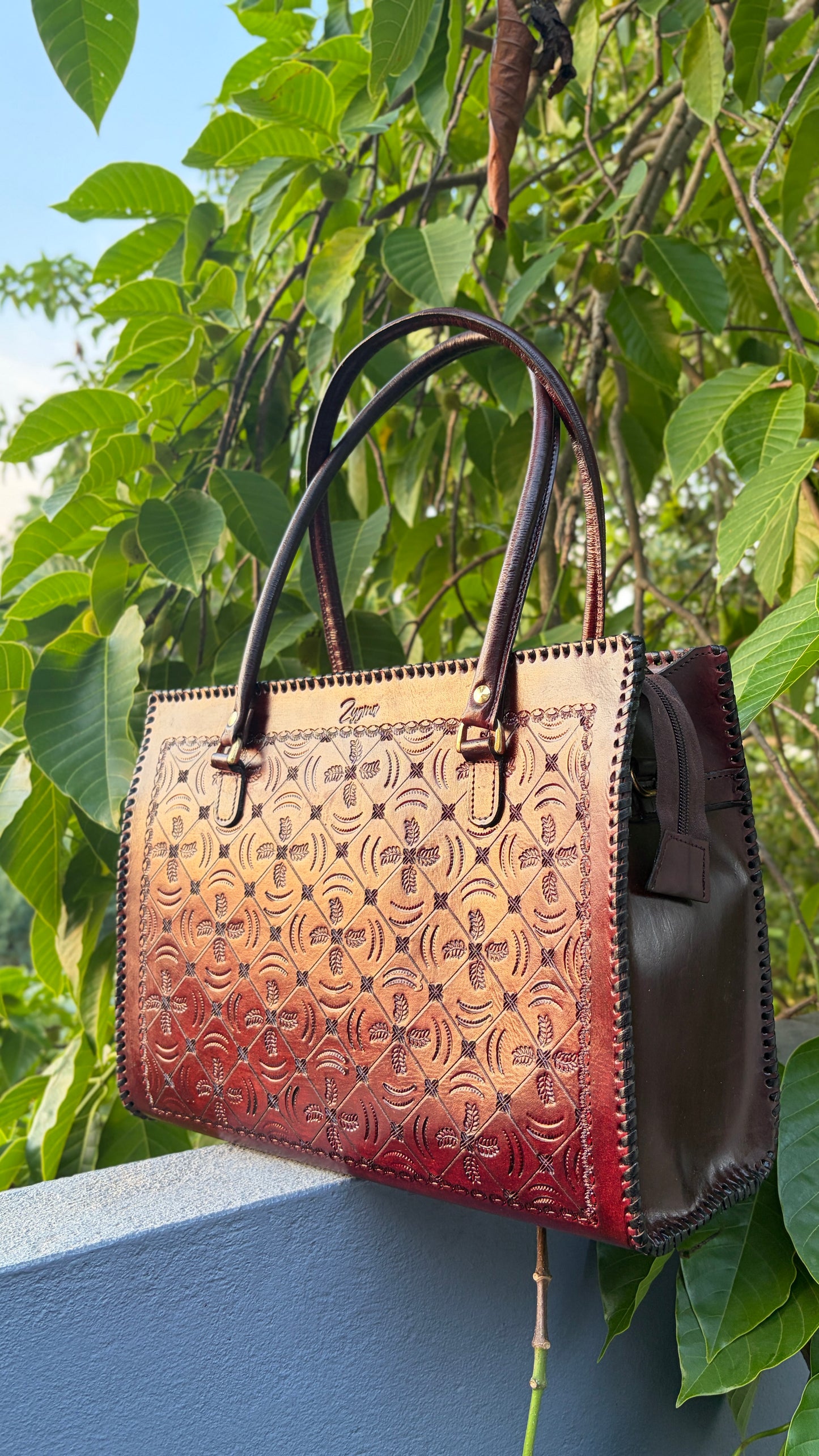ZYGMA 14-Inch Handmade Genuine Leather Laptop Bag for Women | Deep Burgundy Ombre | Crescent Moon & Feather Diamond Lattice | Hand-Tooled Artisan Tote