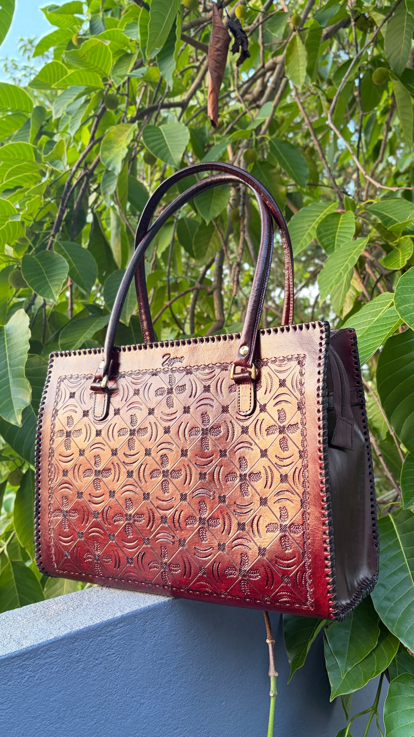 ZYGMA 14-Inch Handmade Genuine Leather Laptop Bag for Women | Deep Burgundy Ombre | Crescent Moon & Feather Diamond Lattice | Hand-Tooled Artisan Tote