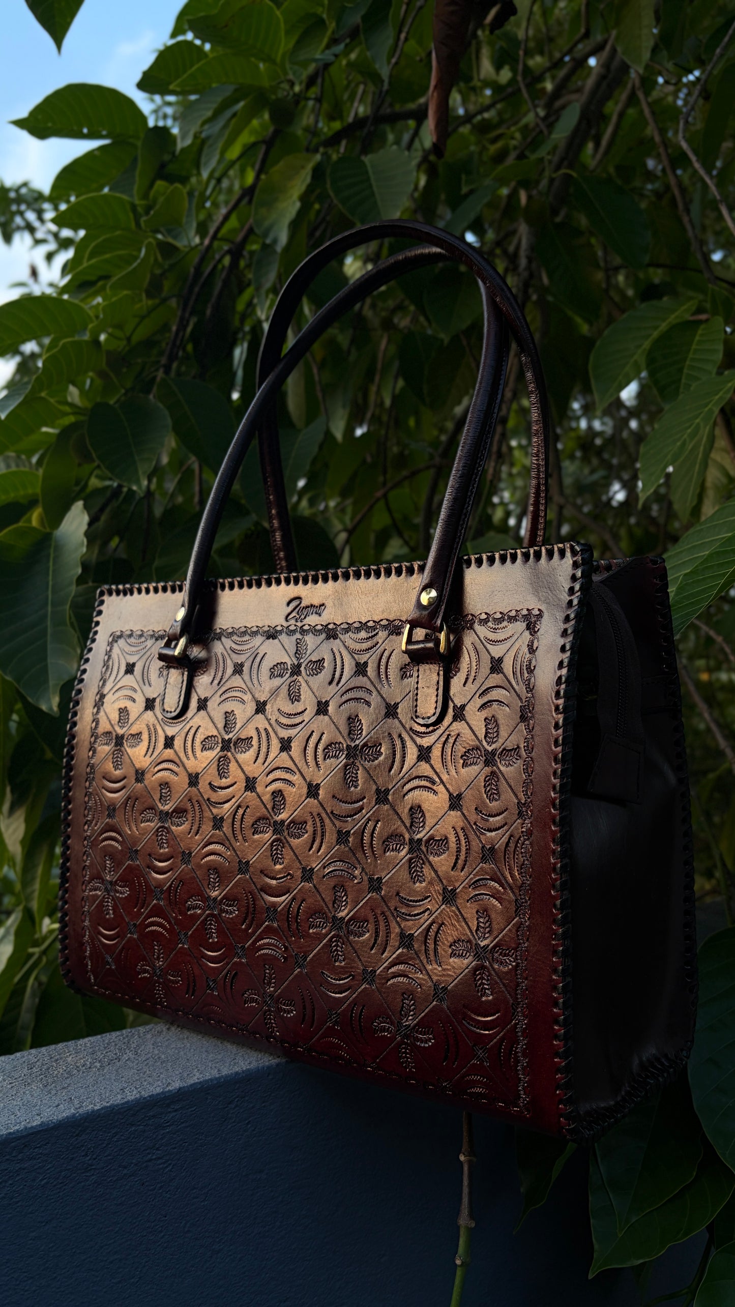 ZYGMA 14-Inch Handmade Genuine Leather Laptop Bag for Women | Deep Burgundy Ombre | Crescent Moon & Feather Diamond Lattice | Hand-Tooled Artisan Tote