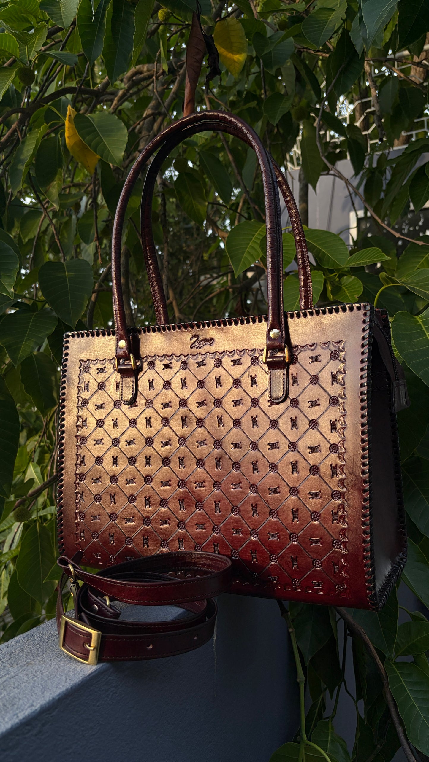 ZYGMA 14-Inch Handmade Genuine Leather Laptop Tote Bag | Golden Ombre to Burgundy | Diamond Wheel &amp; Compass Motif | Dual Handle + Crossbody Strap