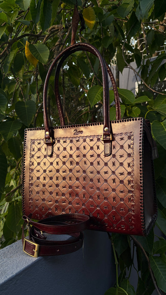 ZYGMA 14-Inch Handmade Genuine Leather Laptop Tote Bag | Golden Ombre to Burgundy | Diamond Wheel &amp; Compass Motif | Dual Handle + Crossbody Strap