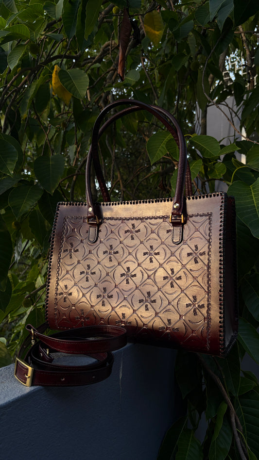 ZYGMA 14-Inch Handmade Genuine Leather Laptop Tote Bag | Golden Ombre to Burgundy | Crescent Moon & Paisley Cross Motif | Dual Handle + Crossbody Strap