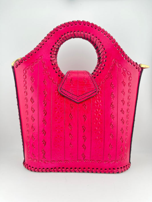 Zygma Handmade Genuine Leather Handbag for Women | Traditional Stamped Artisan Tote Bag – Pink