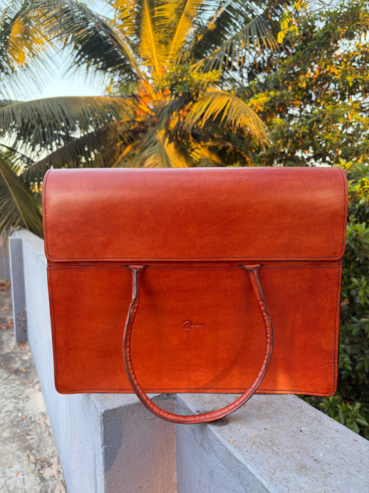 ZYGMA Handmade Genuine Leather Laptop Briefcase Bag for Women | Cognac Tan | Fold-Over Flap | Round Wrapped Handles | Minimal Clean Design