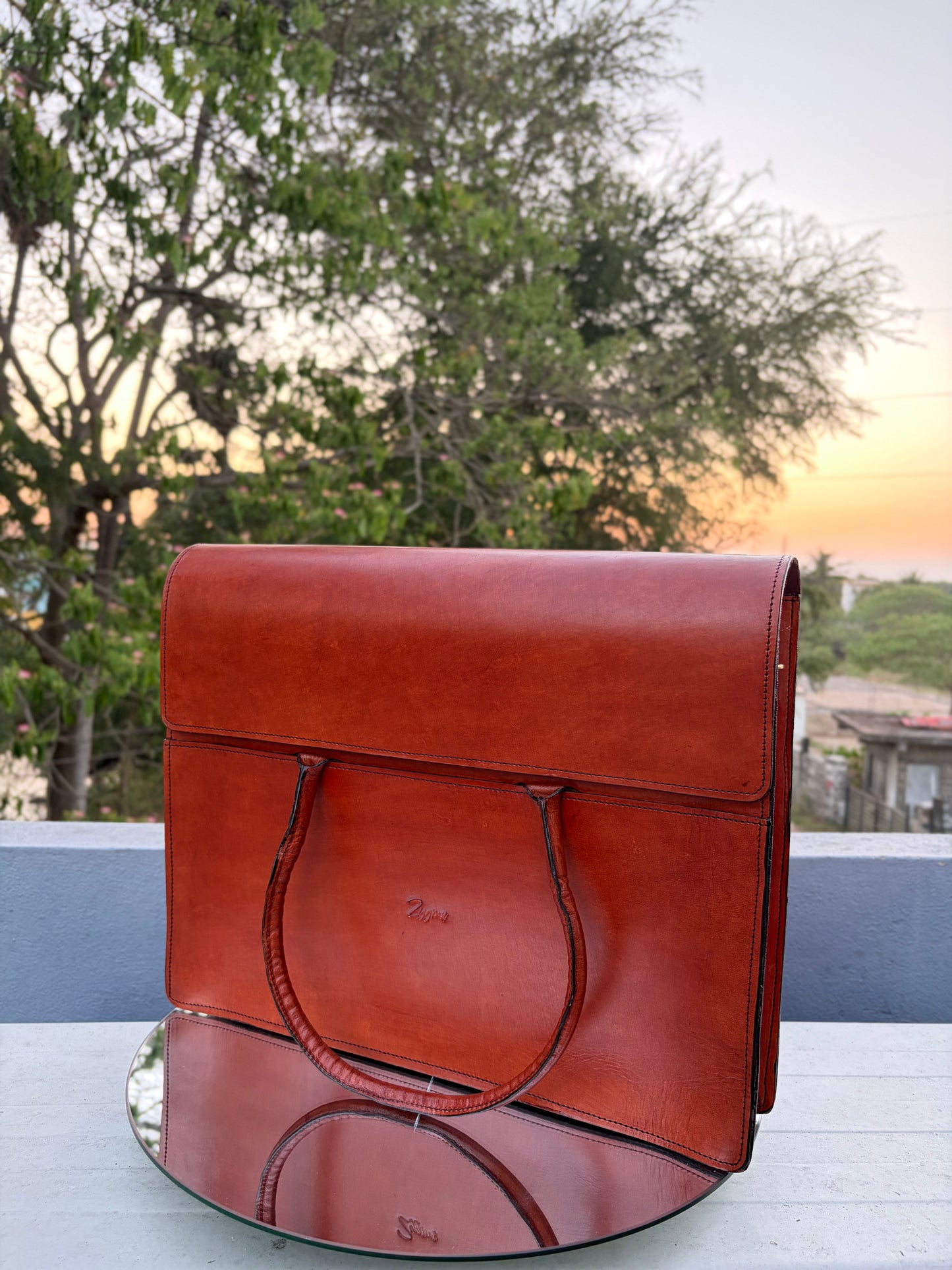 ZYGMA Handmade Genuine Leather Laptop Briefcase Bag for Women | Cognac Tan | Fold-Over Flap | Round Wrapped Handles | Minimal Clean Design