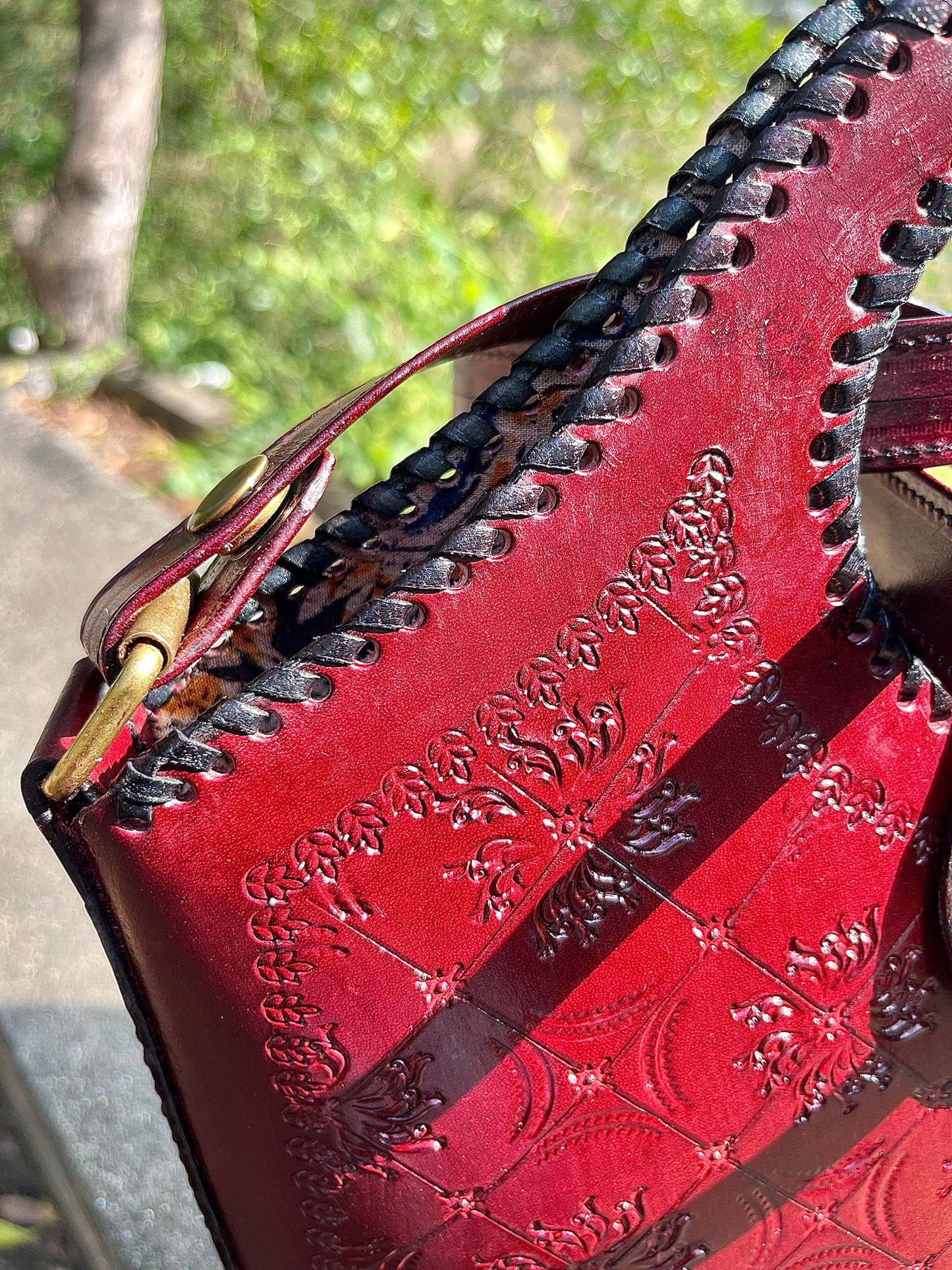 Zygma Handmade Genuine Leather Tote Sling Bag for Women – Deep Red Embossed Design