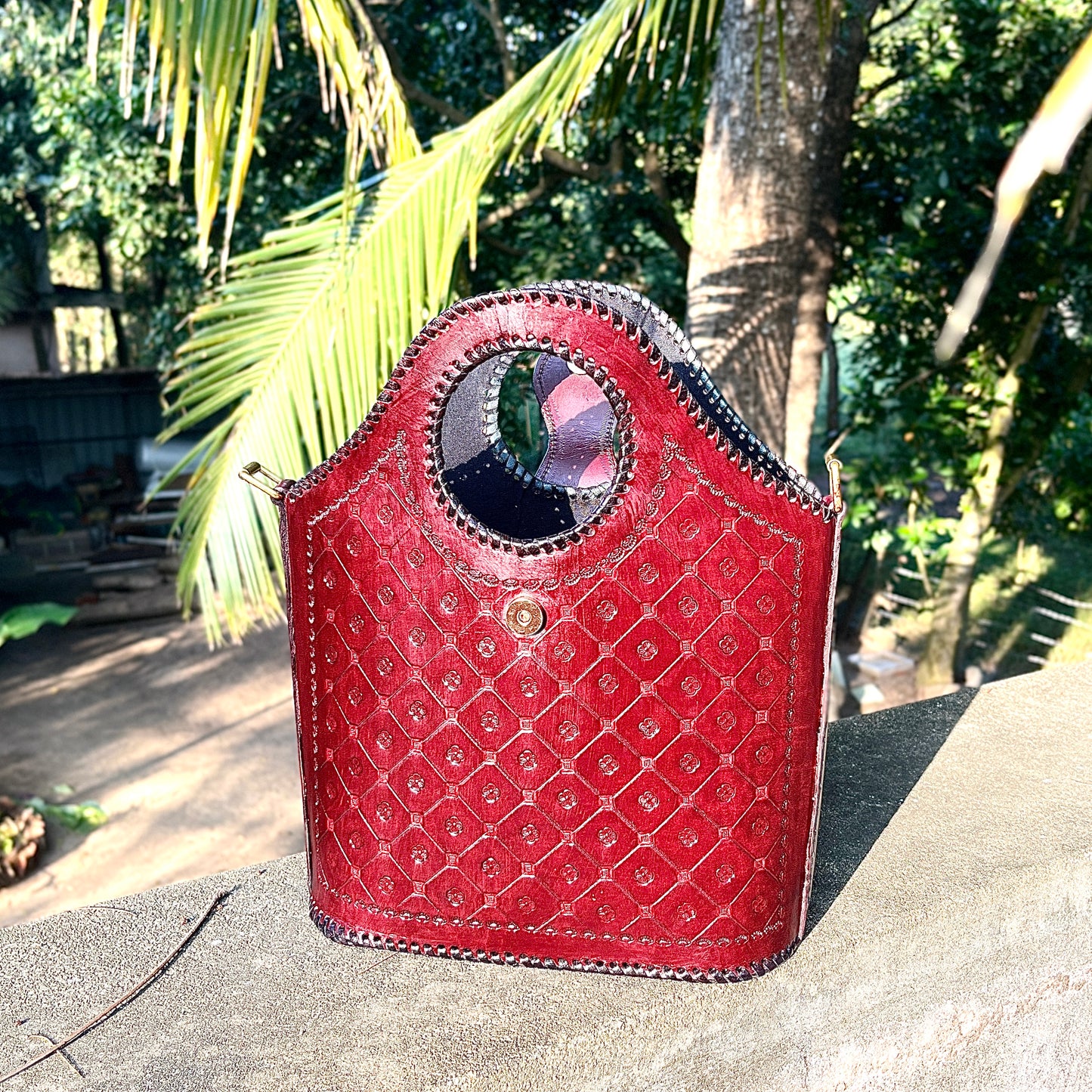 Zygma Handmade Genuine Leather Tote Sling Bag for Women – Deep Red Embossed Design