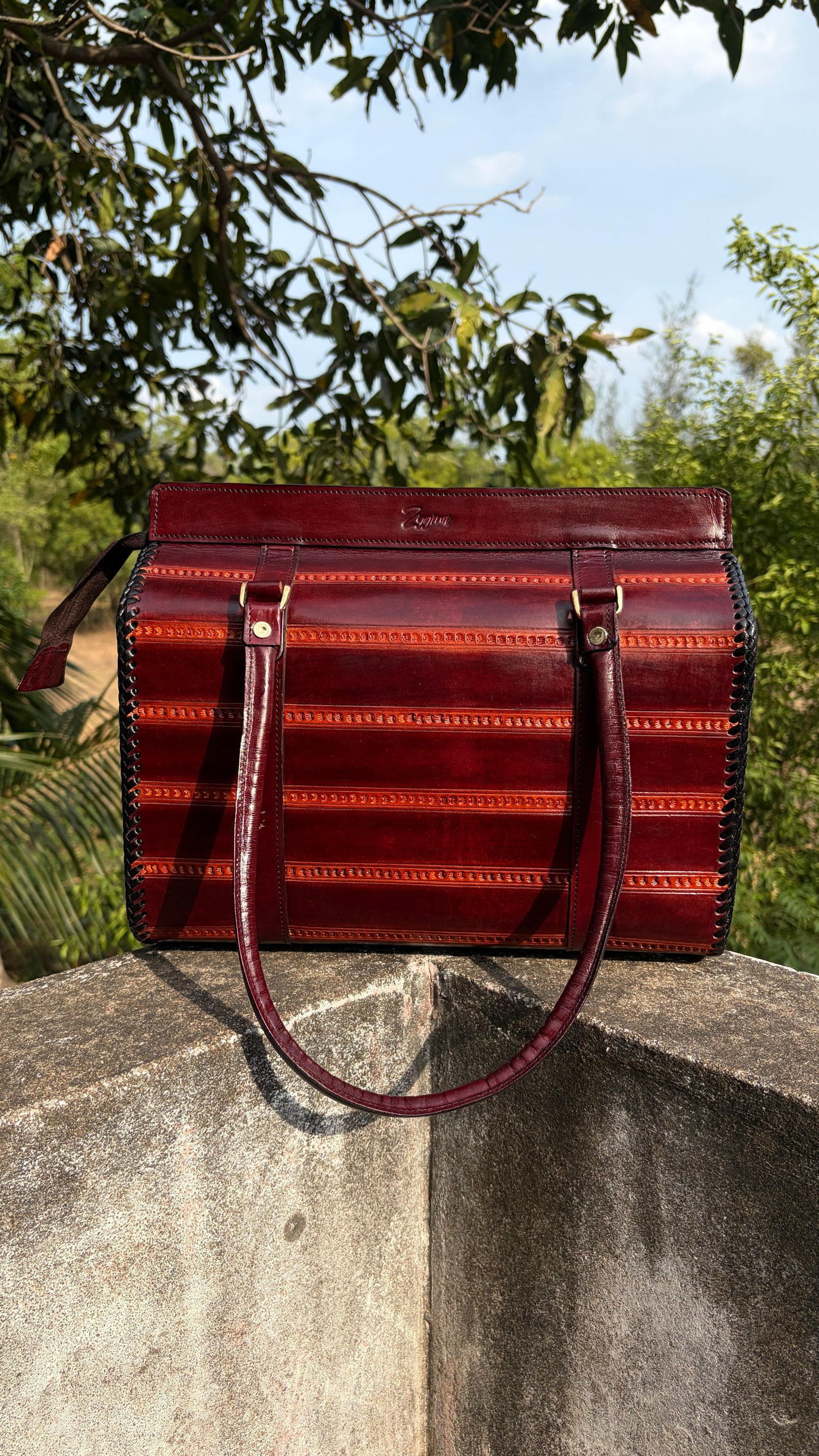 Zygma Ribbed Oxblood Satchel — Genuine Leather
