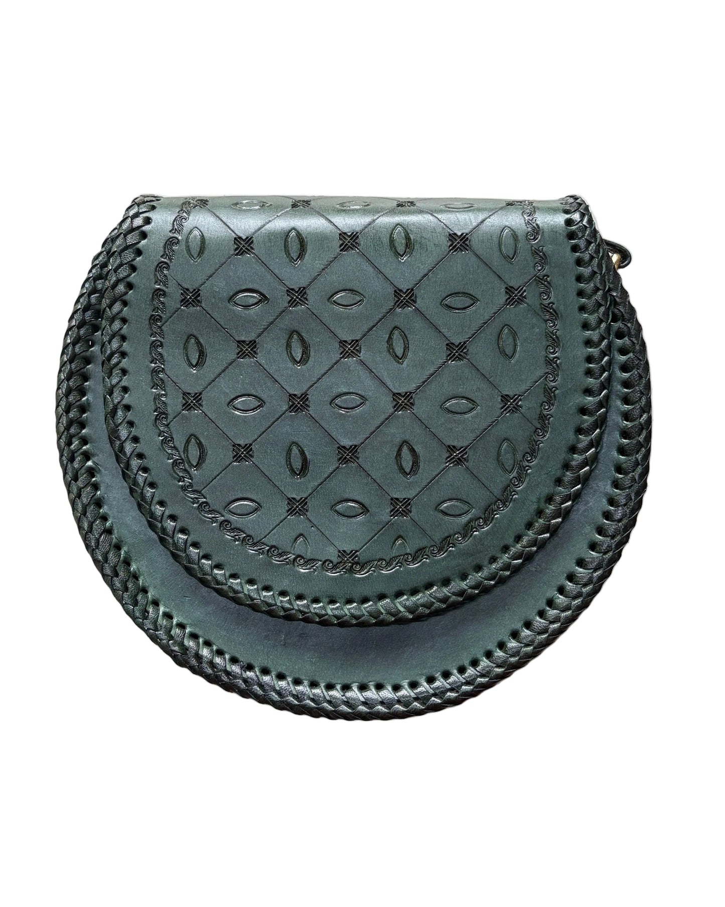 ZYGMA Handmade Genuine Leather Round Saddle Crossbody Bag | Forest Green | Diamond Eye Motif Embossed Flap | Braided Whipstitch Edge