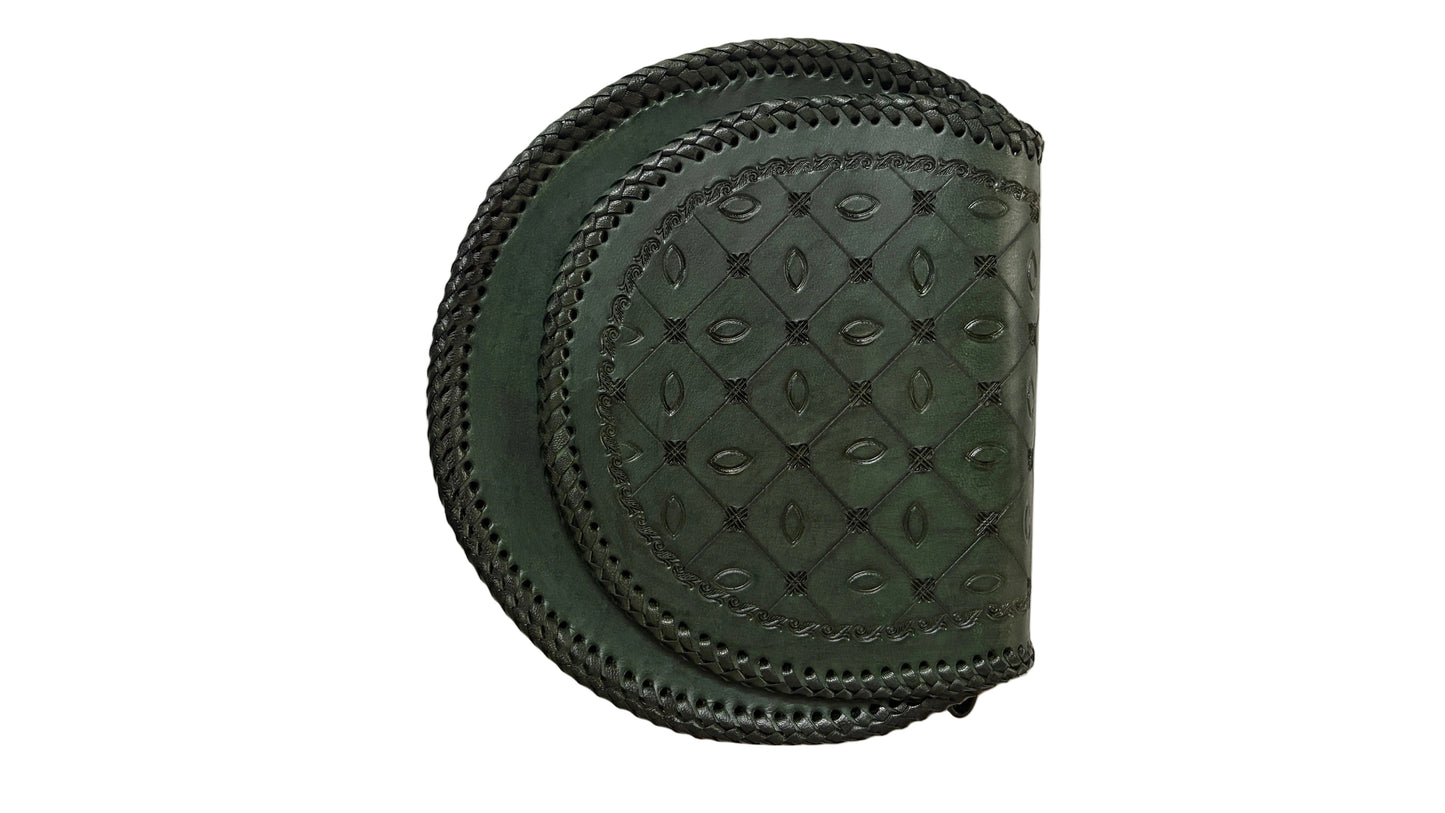 ZYGMA Handmade Genuine Leather Round Saddle Crossbody Bag | Forest Green | Diamond Eye Motif Embossed Flap | Braided Whipstitch Edge