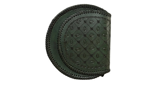 ZYGMA Handmade Genuine Leather Round Saddle Crossbody Bag | Forest Green | Diamond Eye Motif Embossed Flap | Braided Whipstitch Edge