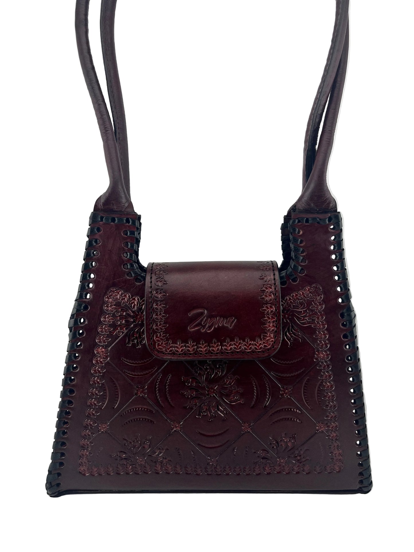 Zygma Handmade Genuine Leather Handbag for Women | Hand-Stamped Floral Diamond Tote | Black Whipstitch Edges | Burgundy Wine | Small Structured Shoulder Bag | Zygma Embossed Flap | Artisan Ethnic Purse