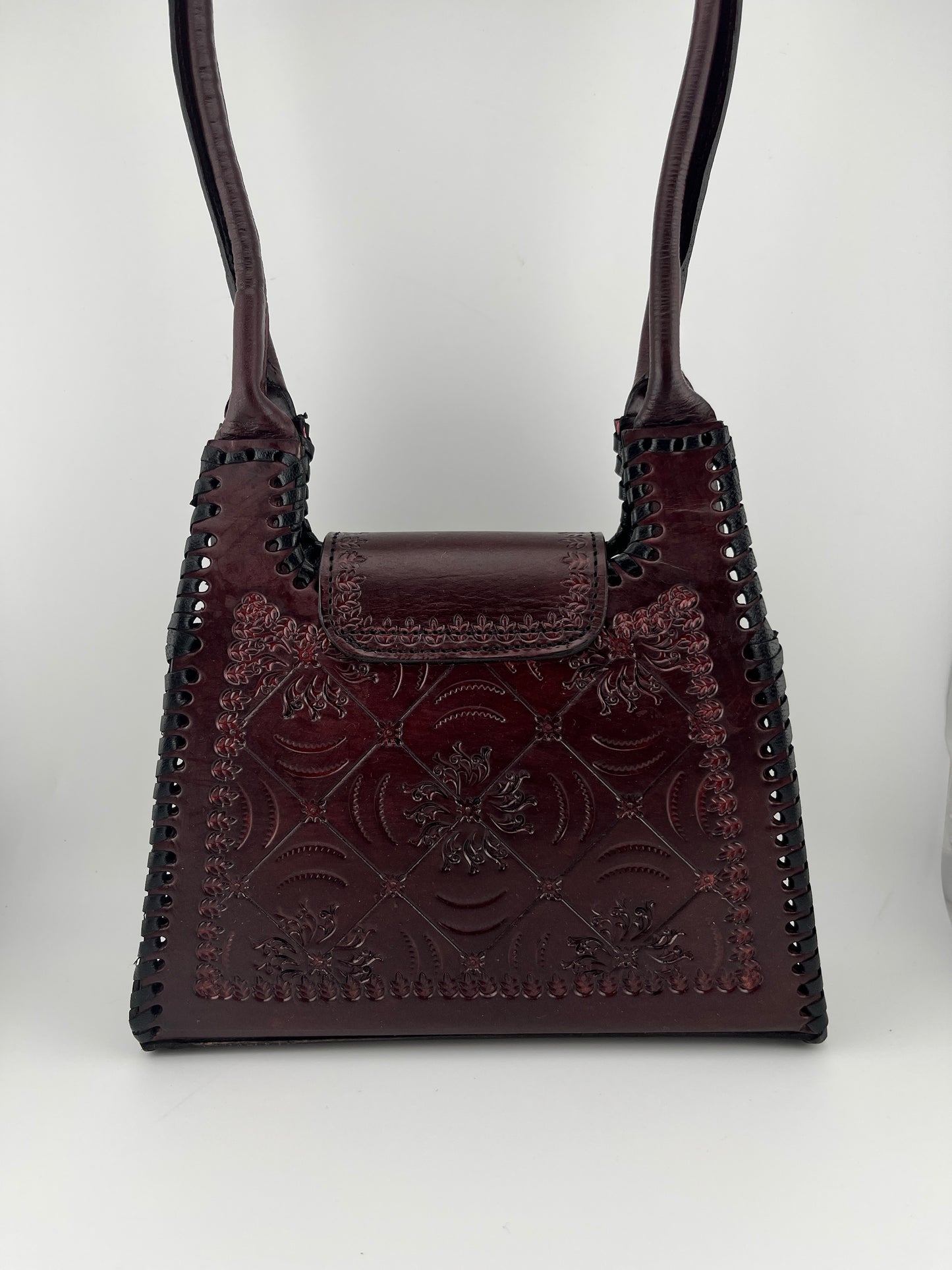 Zygma Handmade Genuine Leather Handbag for Women | Hand-Stamped Floral Diamond Tote | Black Whipstitch Edges | Burgundy Wine | Small Structured Shoulder Bag | Zygma Embossed Flap | Artisan Ethnic Purse