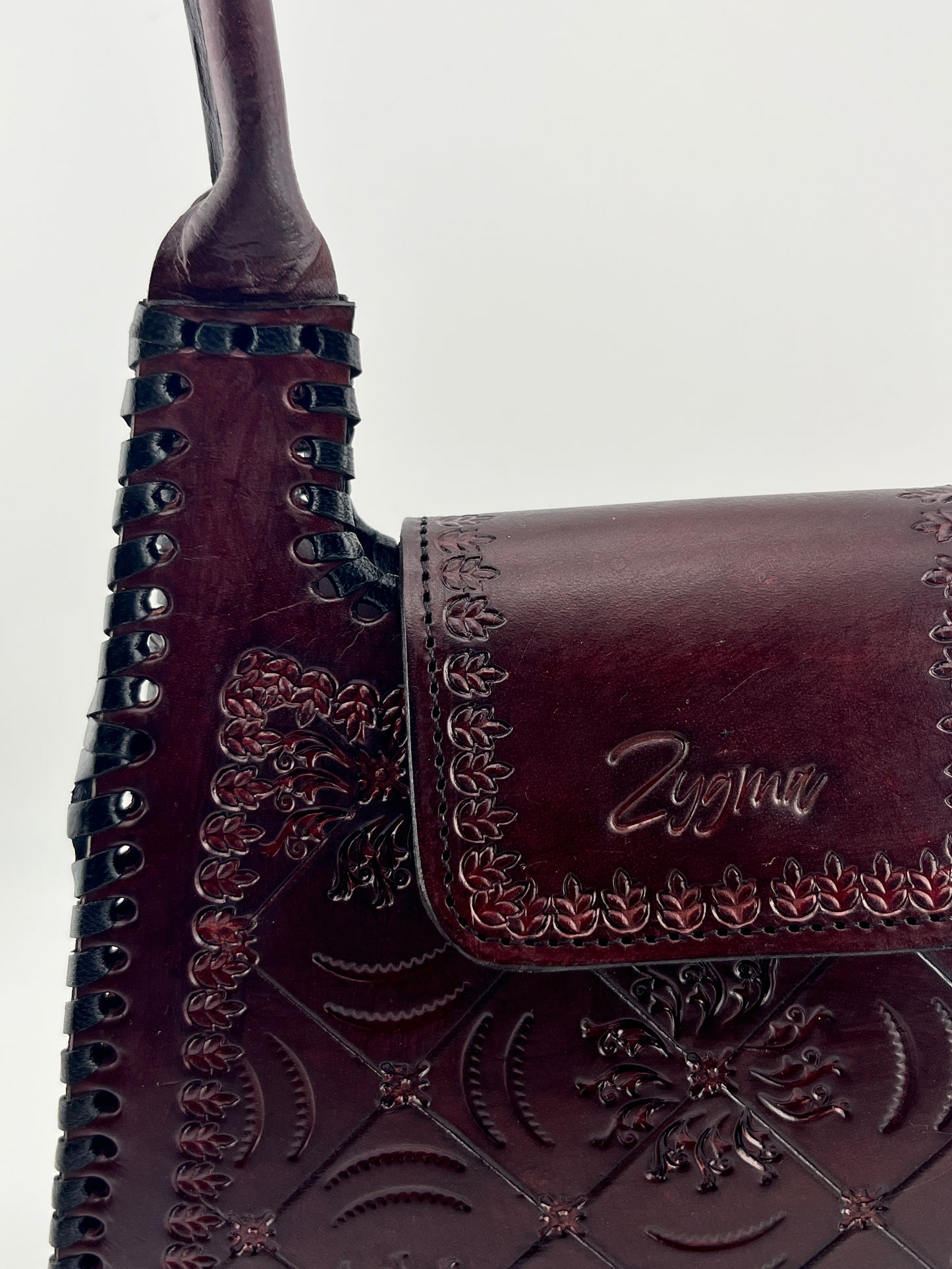 Zygma Handmade Genuine Leather Handbag for Women | Hand-Stamped Floral Diamond Tote | Black Whipstitch Edges | Burgundy Wine | Small Structured Shoulder Bag | Zygma Embossed Flap | Artisan Ethnic Purse