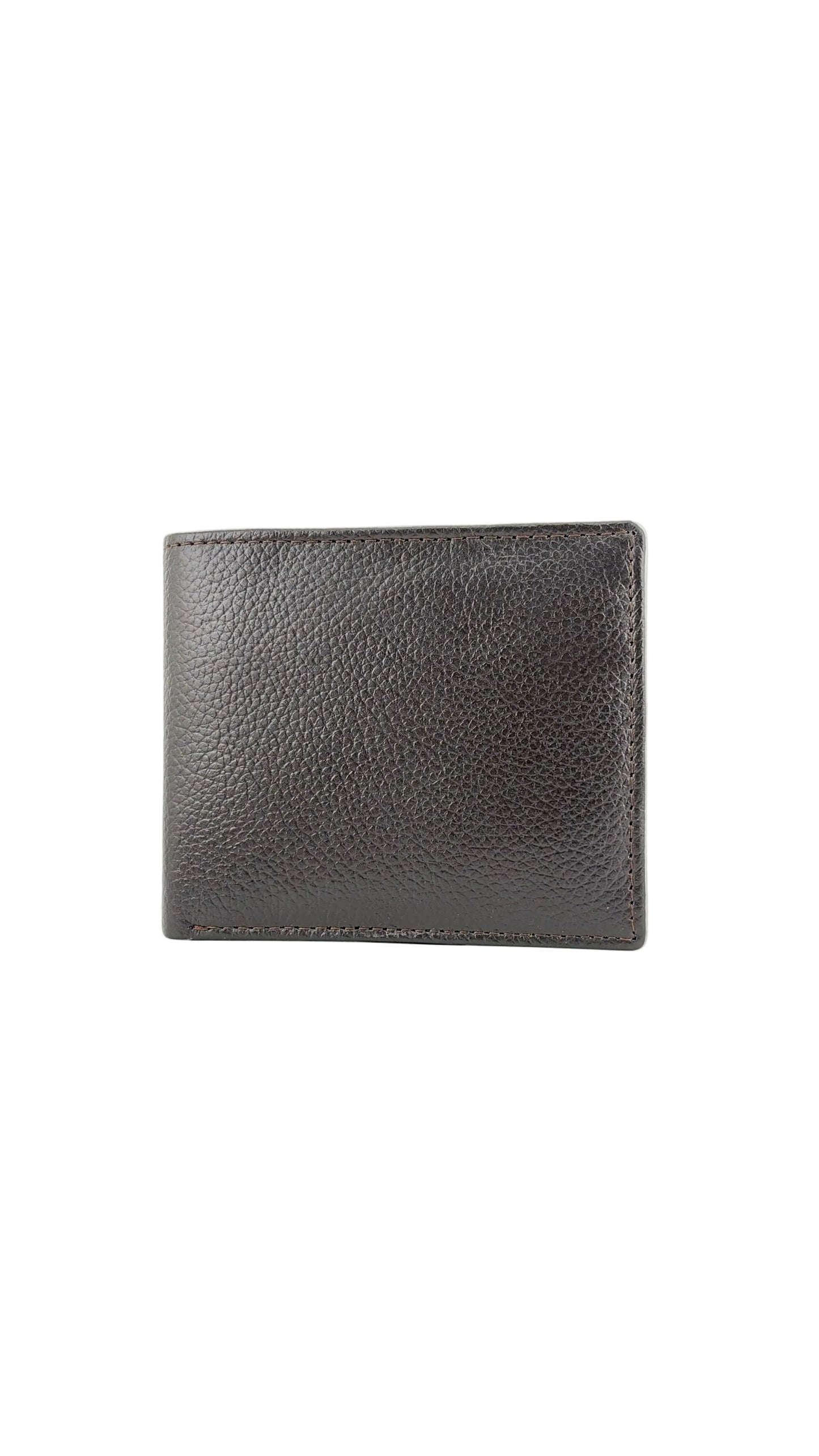A dark brown textured leather bifold wallet standing upright on a light gray background.