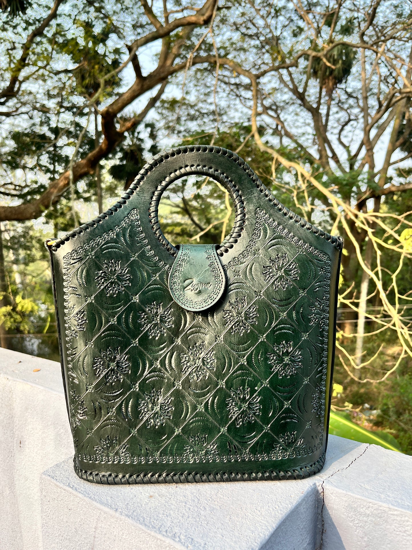 Zygma Handmade Genuine Leather Handbag for Women | Hand-Stamped Floral Tote | Circular Whipstitch Handle | Medium Structured Bag | Crossbody Strap | Black & Green | Artisan Ethnic Boho Purse
