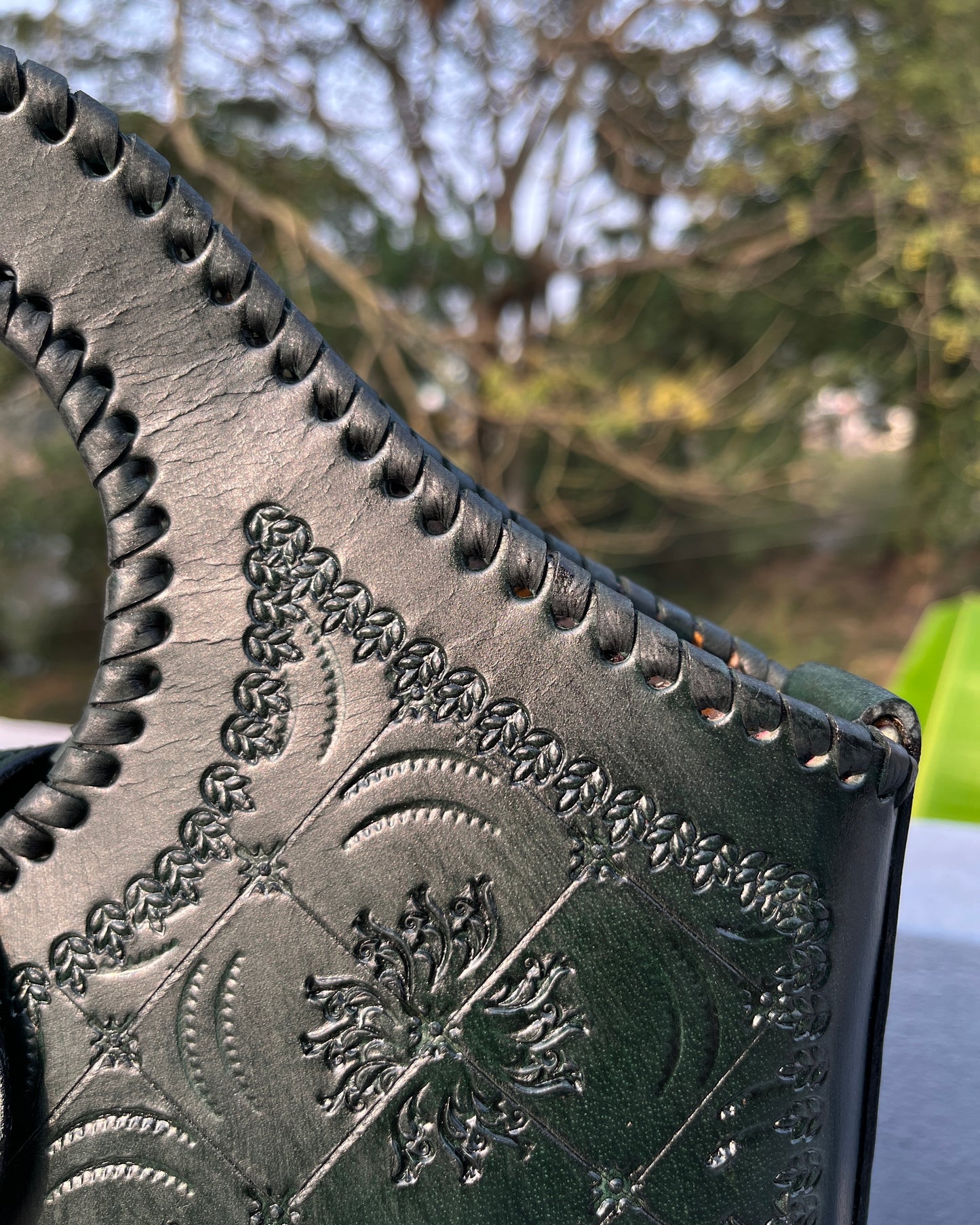 Zygma Handmade Genuine Leather Handbag for Women | Hand-Stamped Floral Tote | Circular Whipstitch Handle | Medium Structured Bag | Crossbody Strap | Black & Green | Artisan Ethnic Boho Purse