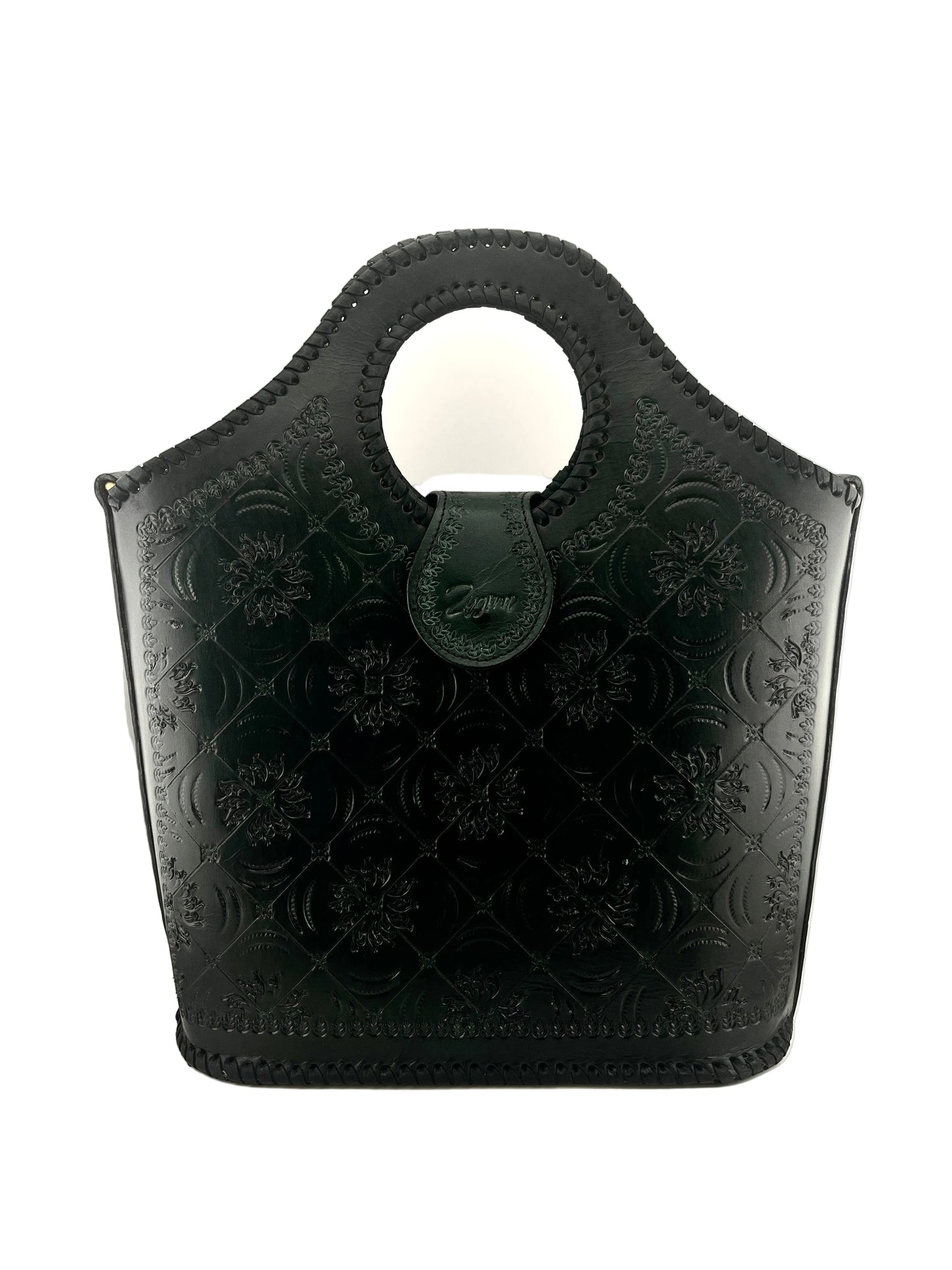 Zygma Handmade Genuine Leather Handbag for Women | Hand-Stamped Floral Tote | Circular Whipstitch Handle | Medium Structured Bag | Crossbody Strap | Black & Green | Artisan Ethnic Boho Purse